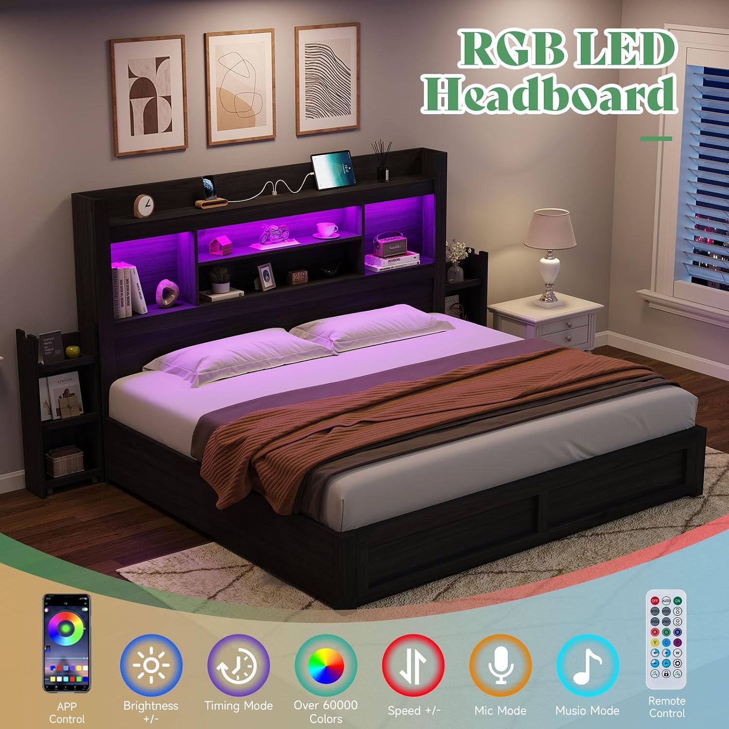 AMERLIFE King Size Bed Frame with 4 Storage Drawers, LED Bed Frame with 49.6' Tall Bookcase Headboard, Wood Platform Bed with Charging Station & 2 Slide Bedside Shelf, No Box Spring Needed/Black