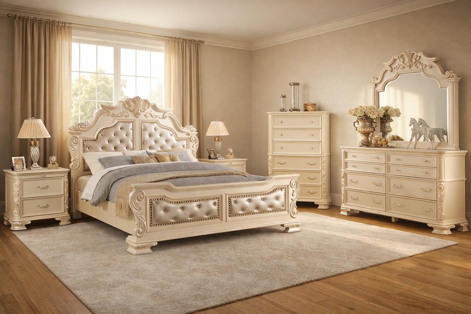 First of a Kind Victoria Off White Traditional 5 Piece King Bedroom Set with Upholstered Tufted Headboard Elegant European Inspired Design Coordinated Furniture Collection