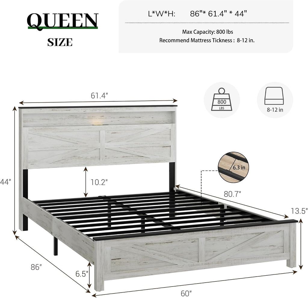 Queen Size Bed Frame with Headboard, Rustic Farmhouse Wood Bed Frame with LED Lights and Charging Station, Easy Assembly, No Box Spring Needed (White, Queen)
