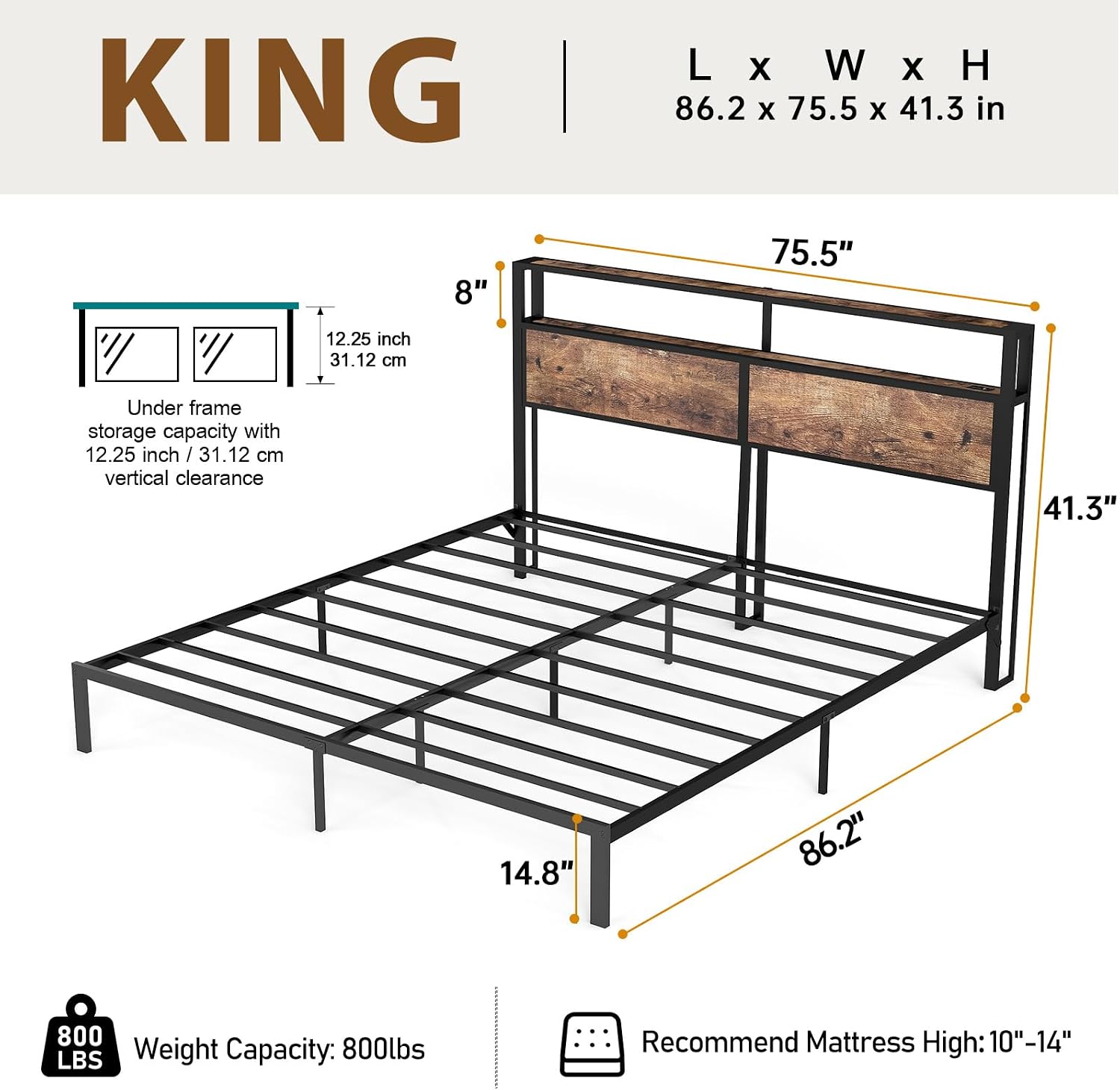 King Size Bed Frame with Headboard, Metal Platform Bed Frame with LED Lights & Charging Station, Under Bed Storage, Solid and Stable, No Box Spring Needed, Noise Free, Easy Assembly, Vintage Brown