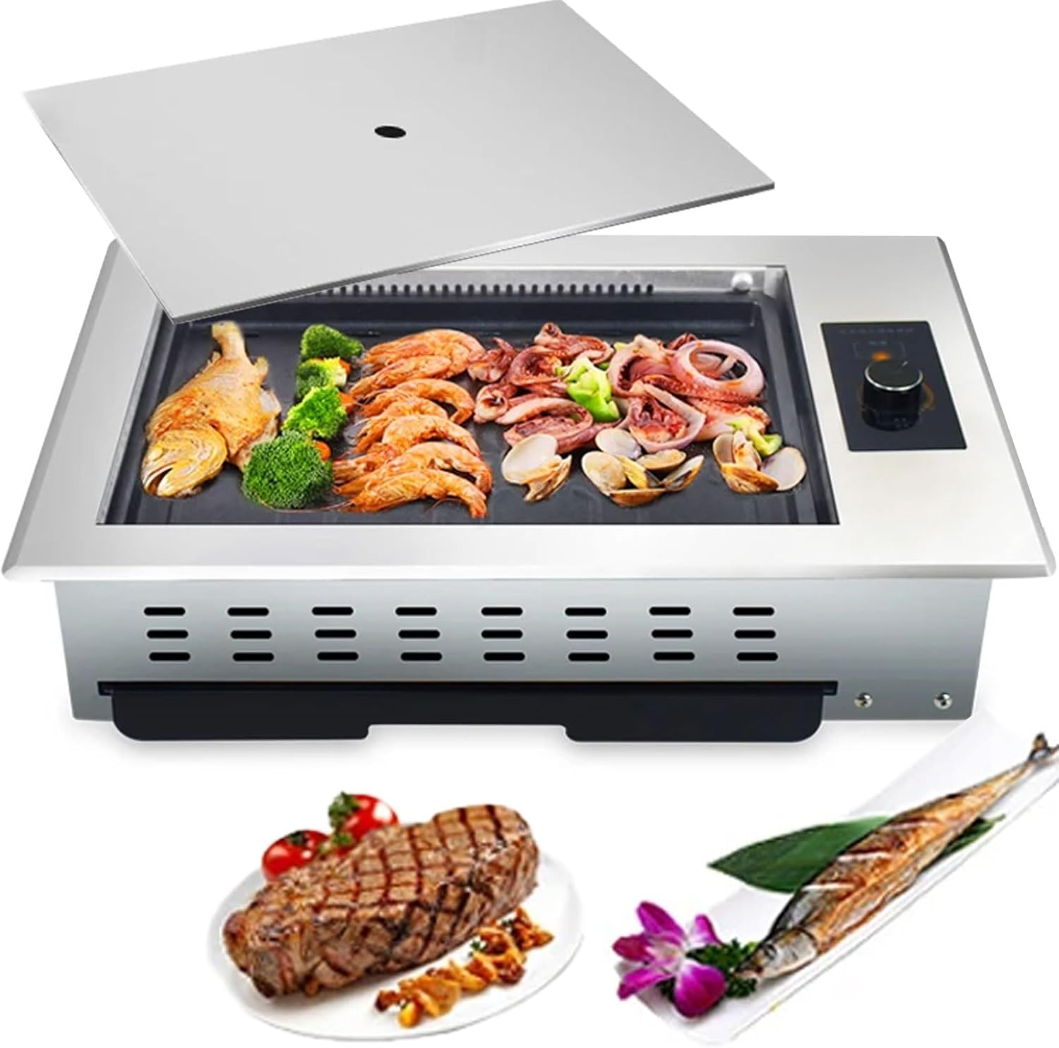 Electric Barbecue Grill, Household Smokeless Griddle Grill, Commercial BBQ Pan Table Top Grill with Temperature Knob, Tabletop BBQ Cooking Grill for Kitchen Outdooe Indoor Restaurant Camping