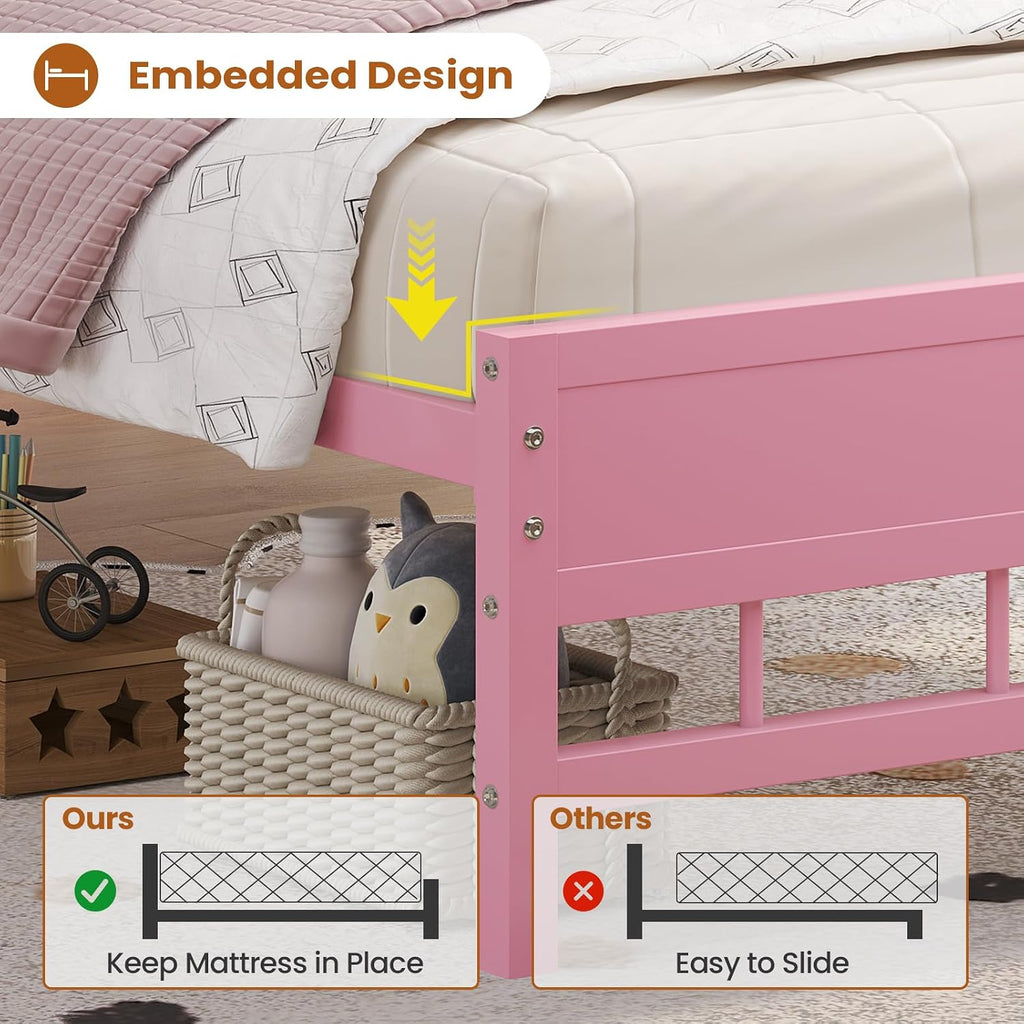 BTHFST Twin Bed Frame with Storage Headboard & Charging Station, LED Bed Frame Twin with 5 Shelves & Under Bed Storage, Platform Bed Frames for Kids, No Box Spring Needed, Pink