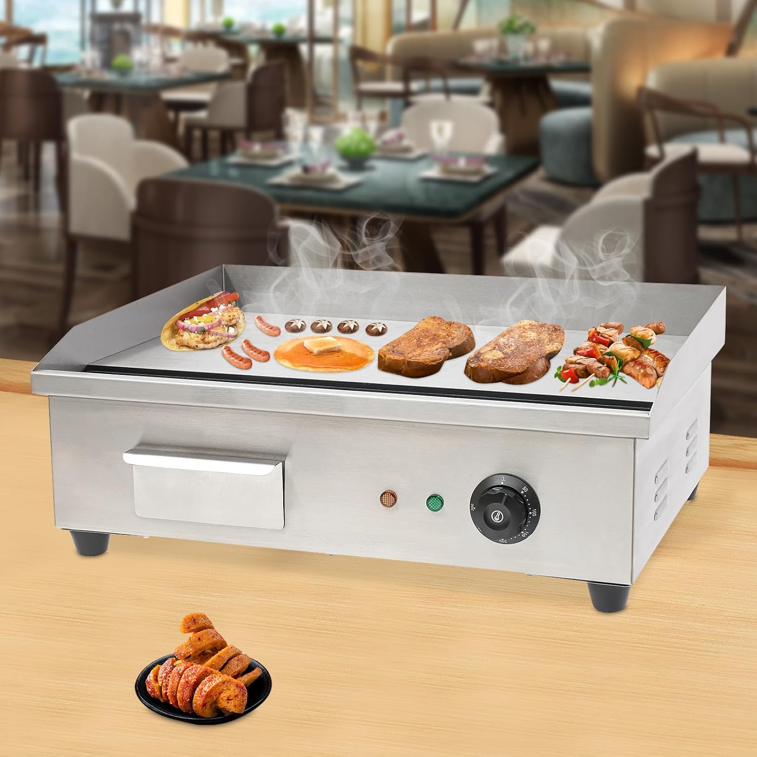 Commercial Electric Griddle, 3000W Multifunctional Countertop Griddle, 21.57 * 13.77in Non-Stick Flat Top Grill Stainless Steel Pancake Griddle Temperature 122℉-572℉ - Uniform Heating