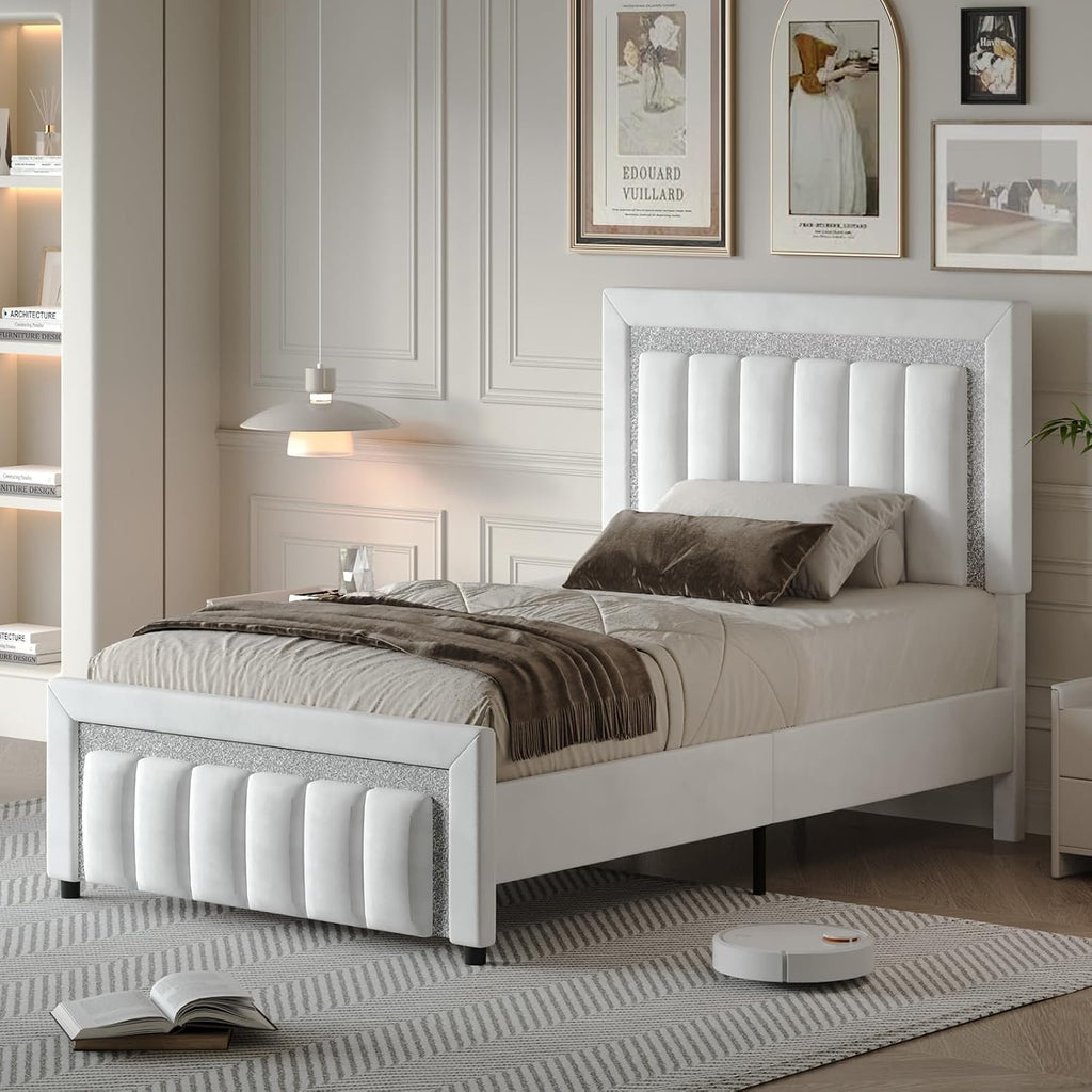 HOMBCK Twin Size Bed Frames with Headboard and Footboard, Upholstered Platform Bed with Diamond Design, Bed Frames Twin with Wooden Slats Support, No Box Spring Needed, Easy Assembly, White