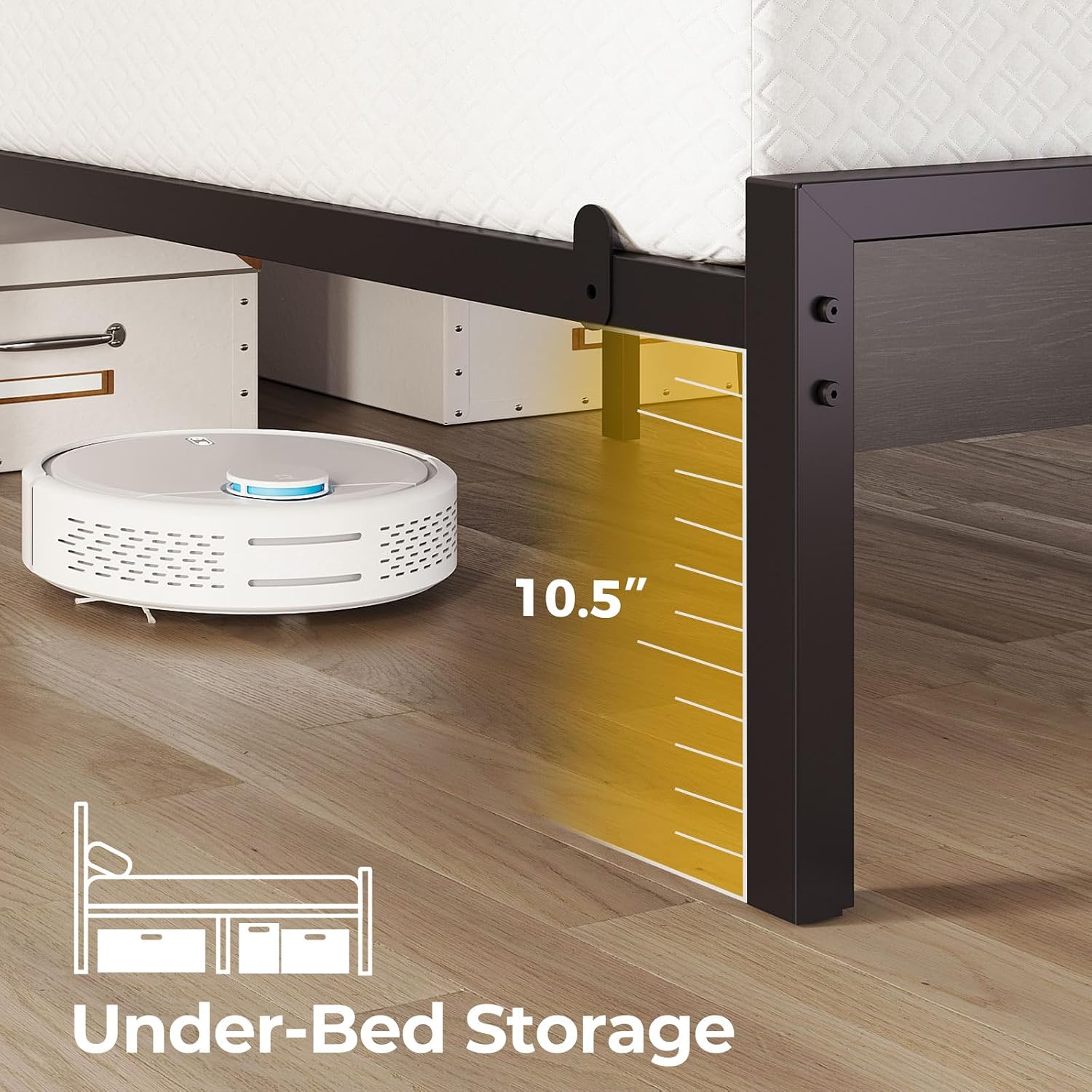 Rolanstar King Size Bed Frame with LED Lights and Charging Station, Wood Storage Headboard and Under Bed Storage, Metal Platform, Noise Free, No Box Spring Needed, Balck Oak