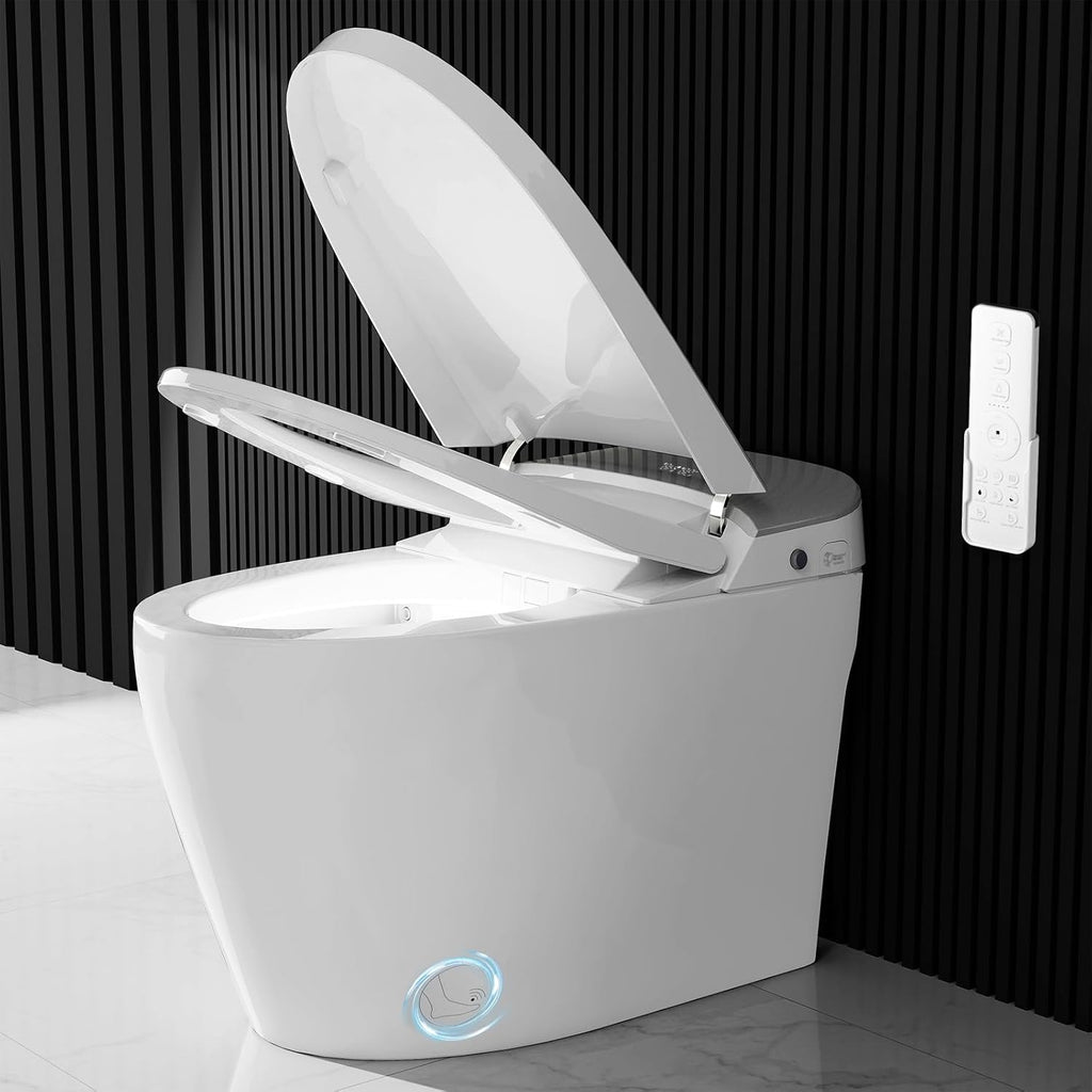 HAWKROWN Smart Toilet with Pump Assisted Flush, Foot Sensor Operation, Heated Bidet Seat, Warm Water, Dryer, Digital Display, Night Light, Tankless Toilet with Cleaning Foam Dispenser