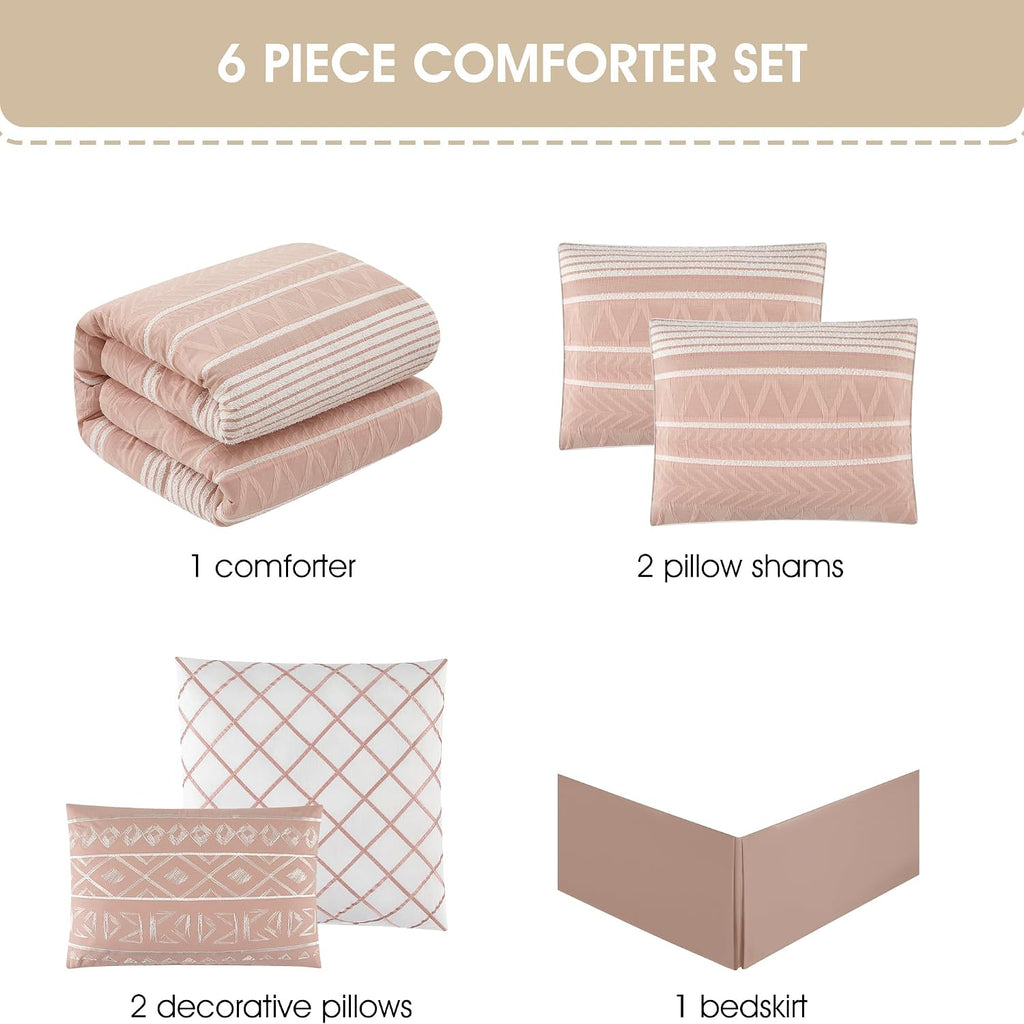 Stratford Park Cotton King Size Comforter Set, Blush Geometric Jacquard Bedding Set, Cozy 6 Piece Bedding Set, Bedskirt, Pillows & Shams, Home Decor