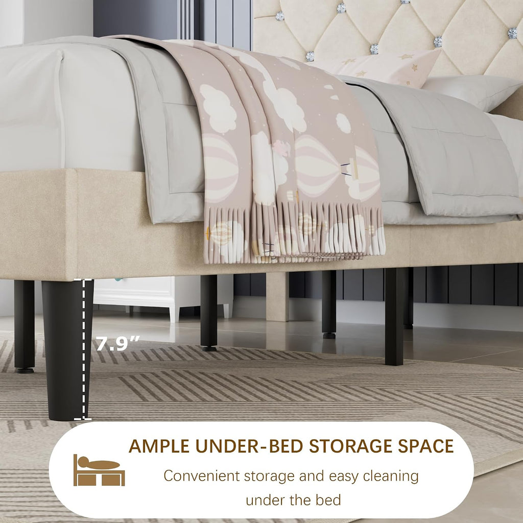 VECELO Twin Size Bed Frame, Upholstered Platform with Adjustable Diamond Tufted Headboard, Wood Slat Support, No Box Spring Needed, Pala Beige