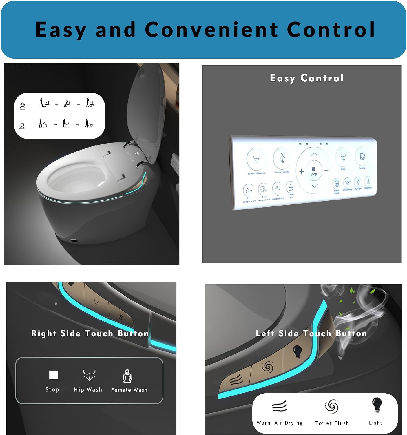 WinZo Luxury Smart Toilet With Bidet Built In, Elongated Egg Shaped Modern Design, Auto Open Auto Flush, Adjusted Heated Seat, Warm Water and Dryer, Night Light, Side Buttons, White