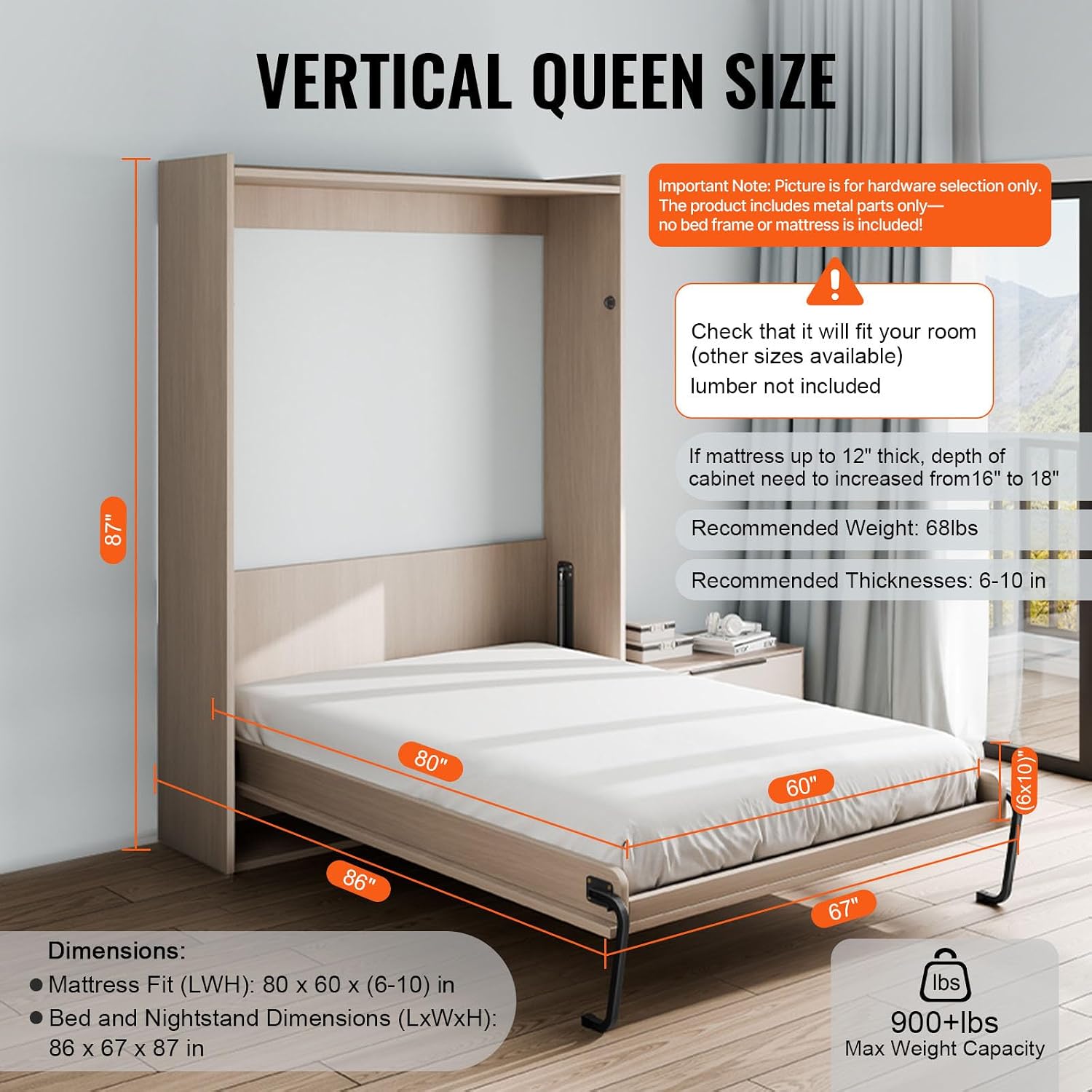 Happybuy Murphy Bed Kit, Queen Size, Vertical Deluxe DIY Wall Bed Mechanical Hardware Kit, Pneumatic Lever Heavy Duty Bed Frame Support, Folding Cabinet Wall Bed Space Saving Design for Guestroom