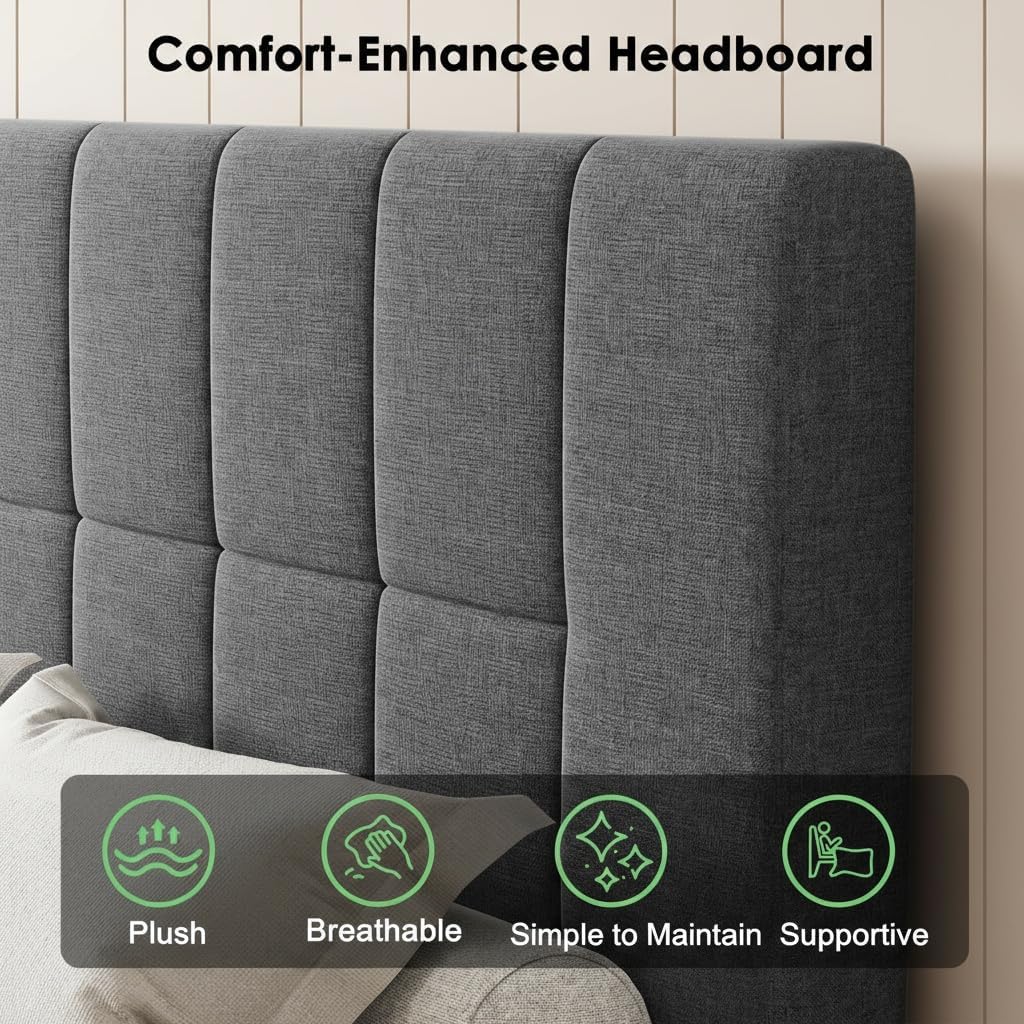 Marsail Twin Size Bed Frame and Mattress Set with Adjustable Upholstered Headboard and 10″ Memory Foam Mattress, Sturdy and Durable,12 Support Legs,with Graphene Fabric and Cooling Gel, Dark Gray
