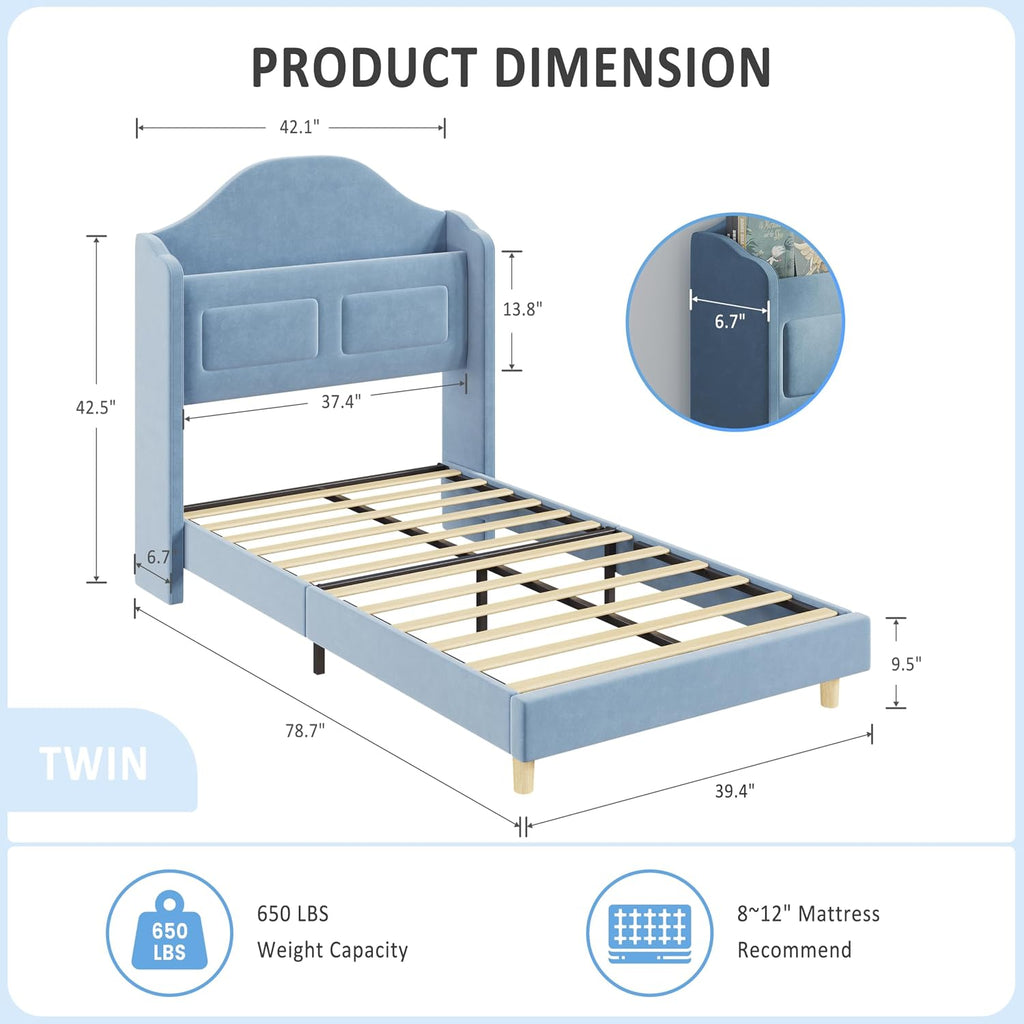 GarveeHome Twin Bed Frame for Kids, Upholstered Velvet Platform Bed for Boys/Girls with Wingback, Storage Bookcase Headboard & LED Lights, No Box Spring Needed, Noise-Free, Easy Assembly, Blue