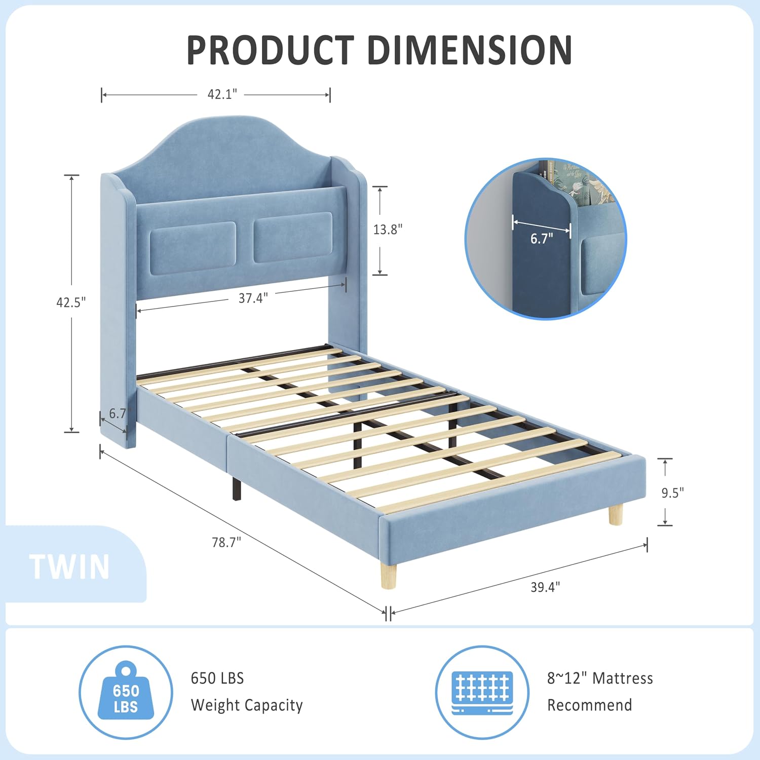 GarveeHome Twin Bed Frame for Kids, Upholstered Velvet Platform Bed for Boys/Girls with Wingback, Storage Bookcase Headboard & LED Lights, No Box Spring Needed, Noise-Free, Easy Assembly, Blue