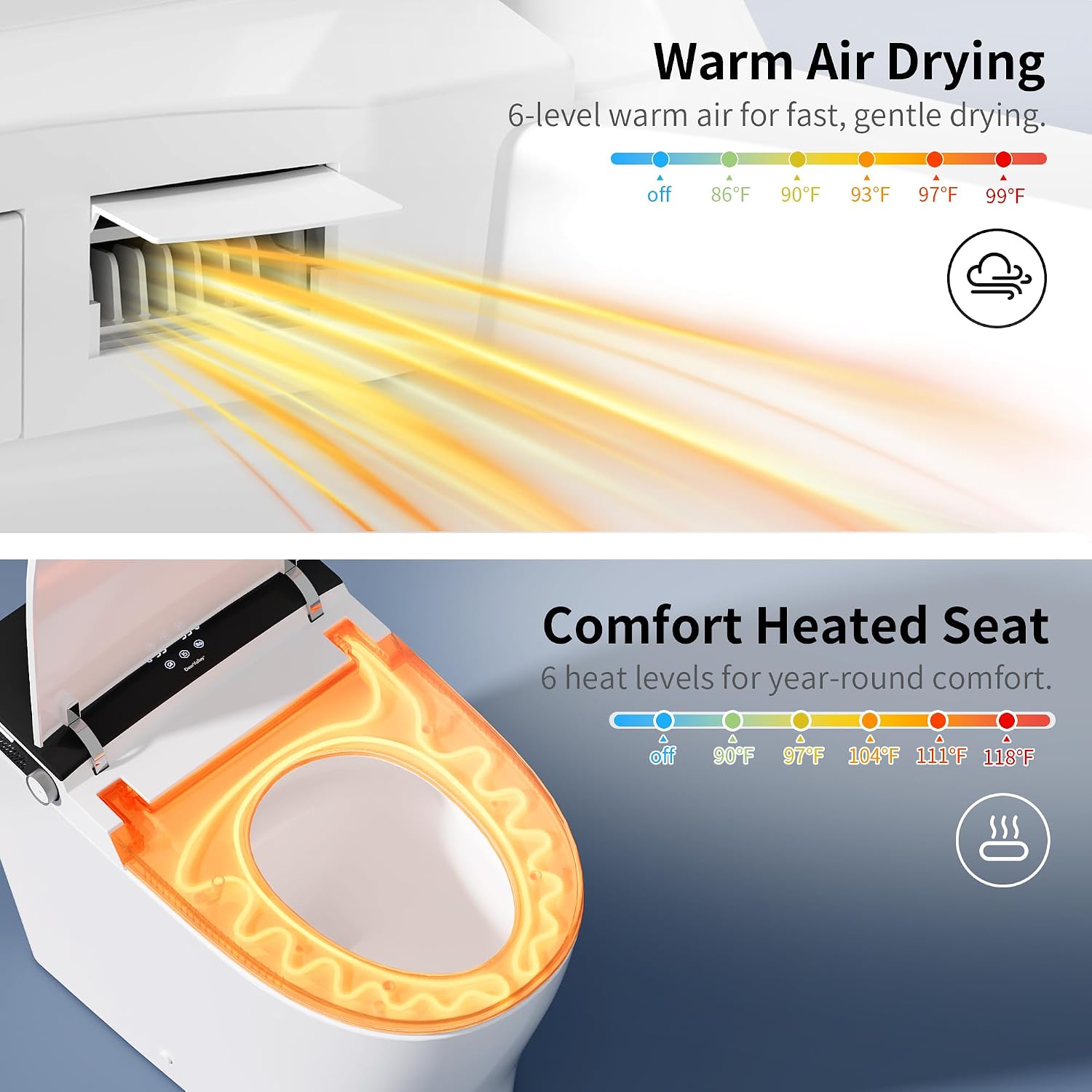 DeerValley Smart Toilet, Customizable Spa Wash, 1000g MaP Auto Flush, Pump Assisted, Foam Shield, Heated Seat, Instant Warm Water, Dryer, Deodorization, ADA Comfort Height for Modern Bathroom Upgrade