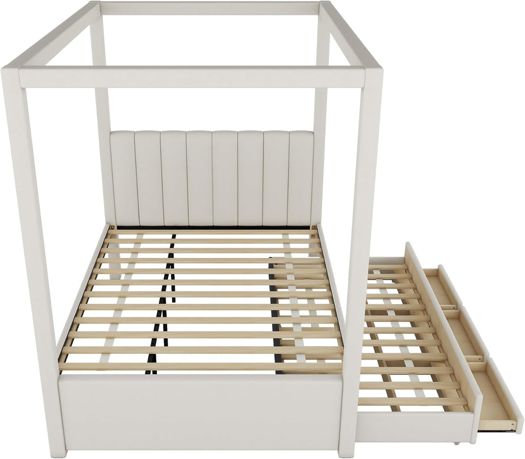 Full Size Linen Upholstered Canopy Bed with Trundle and 3 Storage Drawers for Bedroom, Guest Room (Full)