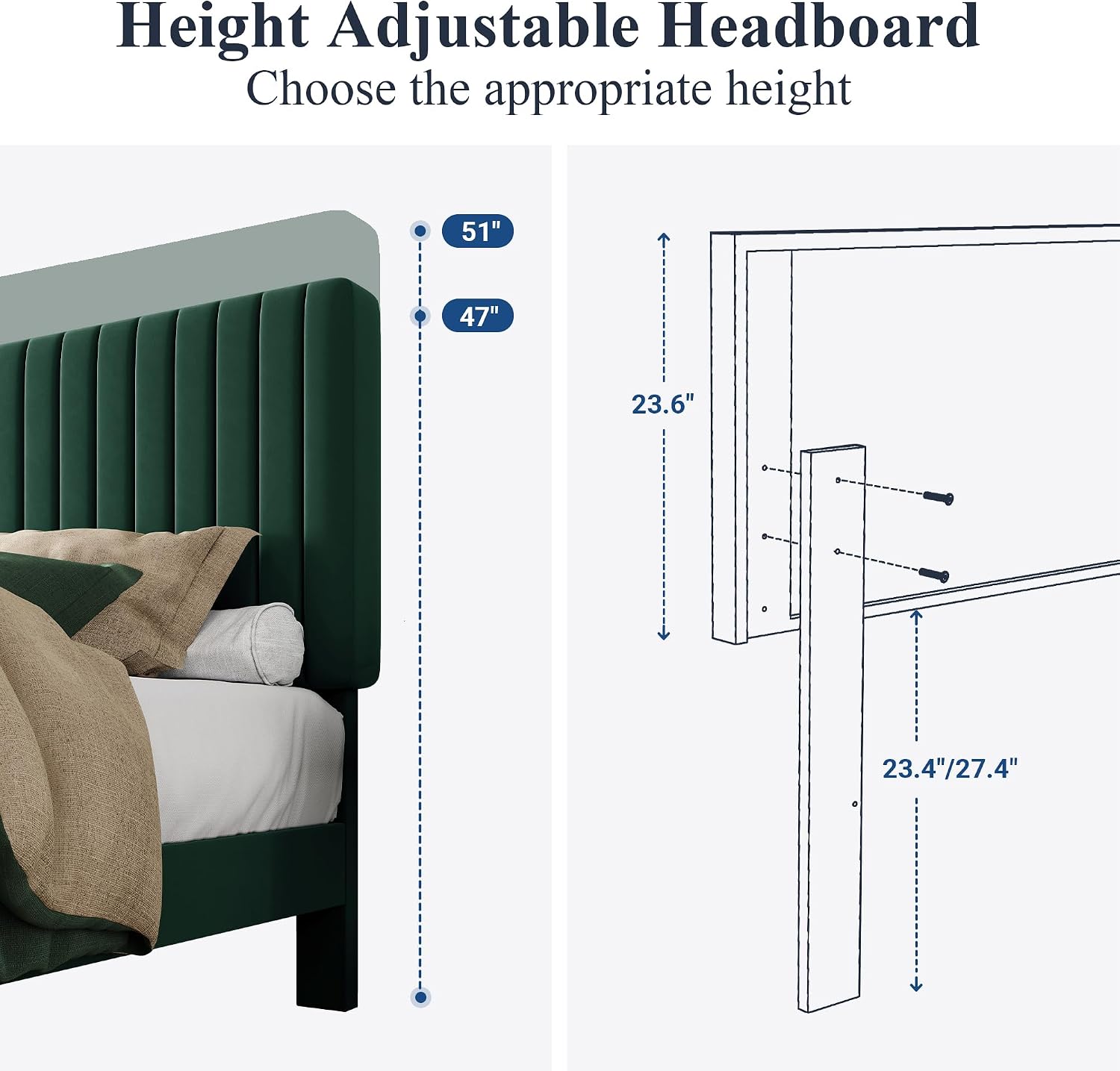 Allewie Full Bed Frame, Velvet Upholstered Platform Bed with Adjustable Vertical Channel Tufted Headboard, Mattress Foundation with Strong Wooden Slats, Box Spring Optional, Easy Assembly, Green