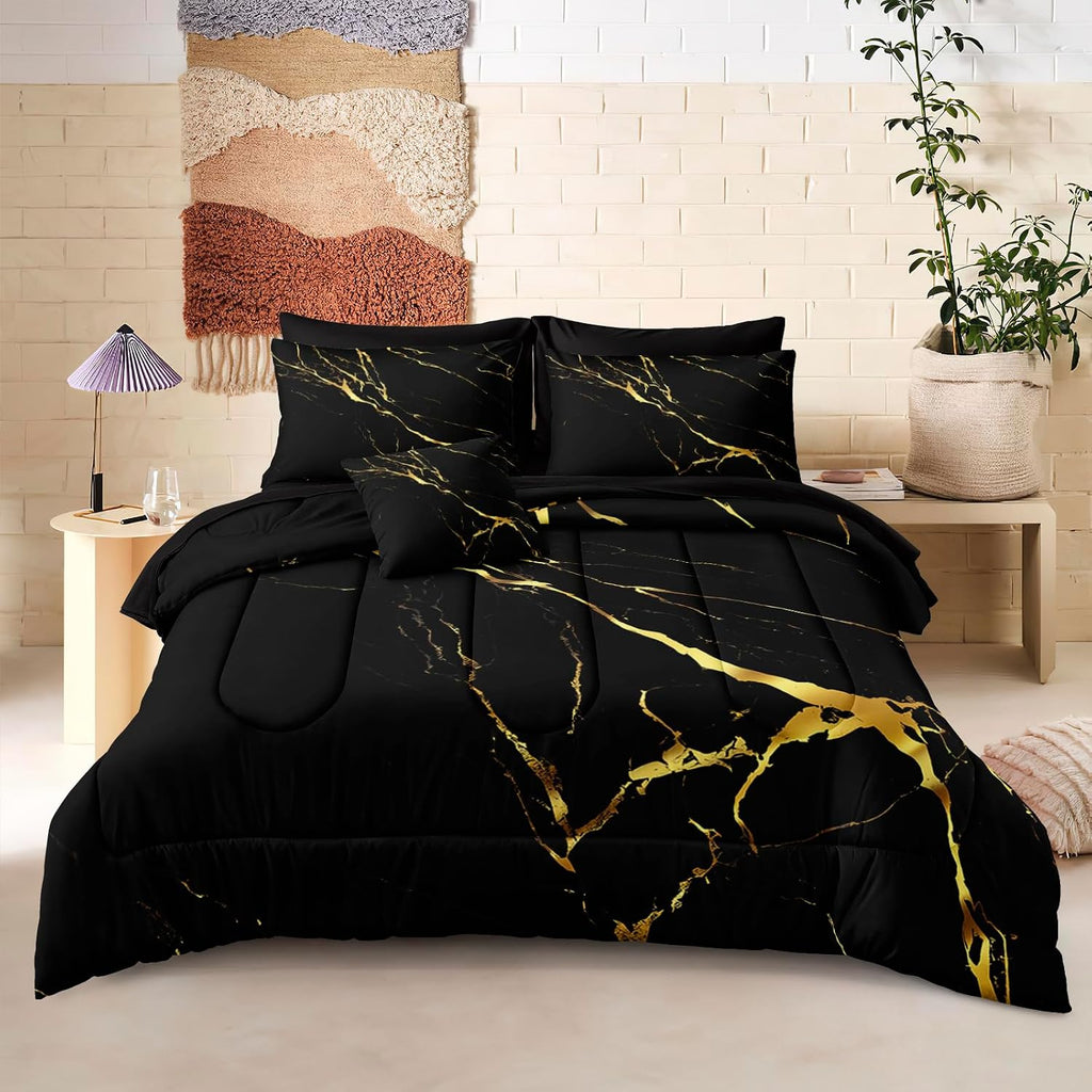 Merryword 8 Pcs Bed in a Bag Comforter Set - California King Size Black Gold Marble Bedding Set