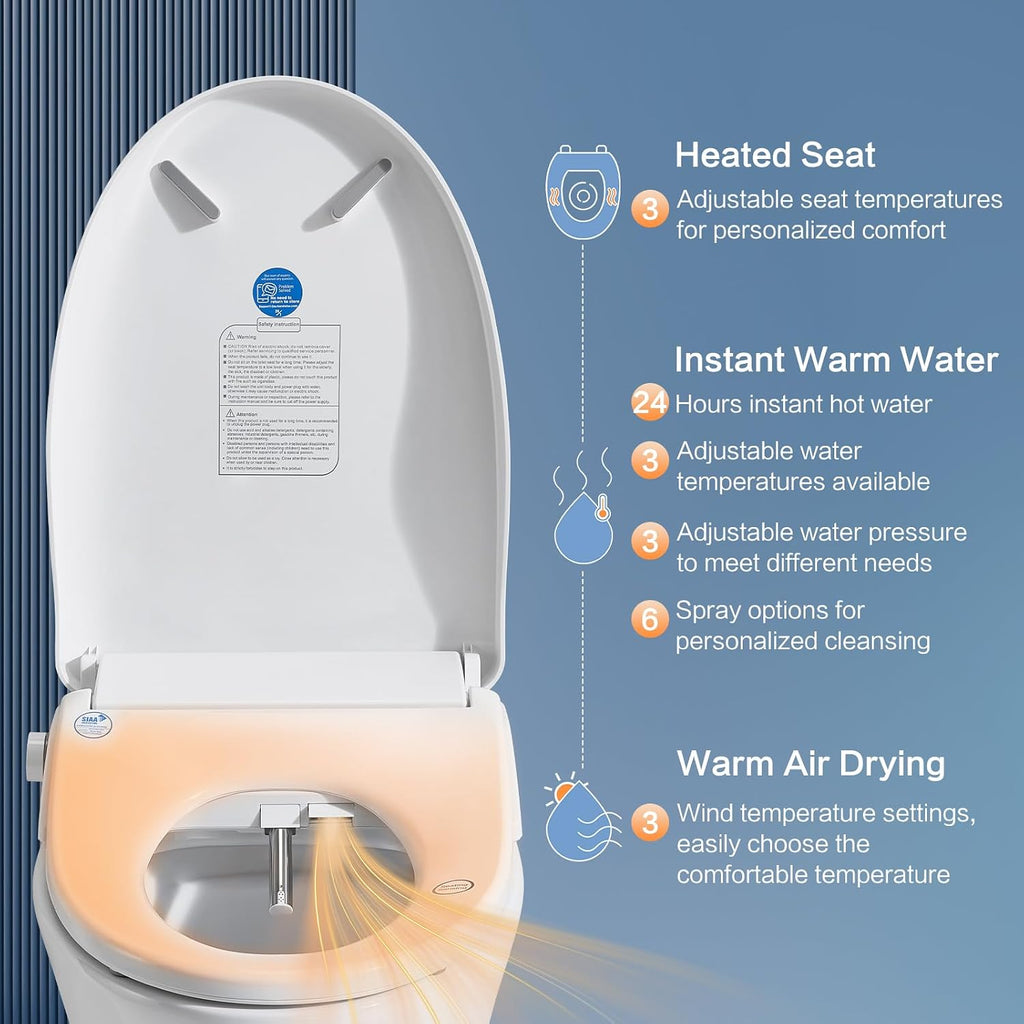 Smart Bidet Toilet Seat with Remote, Adjustable Heated Seat&Air Dryer, Endless Instant Warm Water, Multiple Spray Modes, Stainless Steel Nozzle, Soft Close, Deodorizer, 3D Curved(AMZ-US-NKH3101-NA)