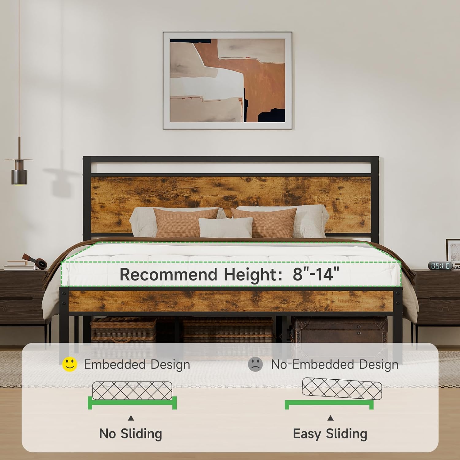 King Metal Bed Frame with Wooden Headboard and Footboard, Heavy Duty Platform Frame with Metal Slats, No Box Spring Needed, Quiet and Non-Slip Design, Space Saving Bed Frame for Bedroom, Vintage Brown