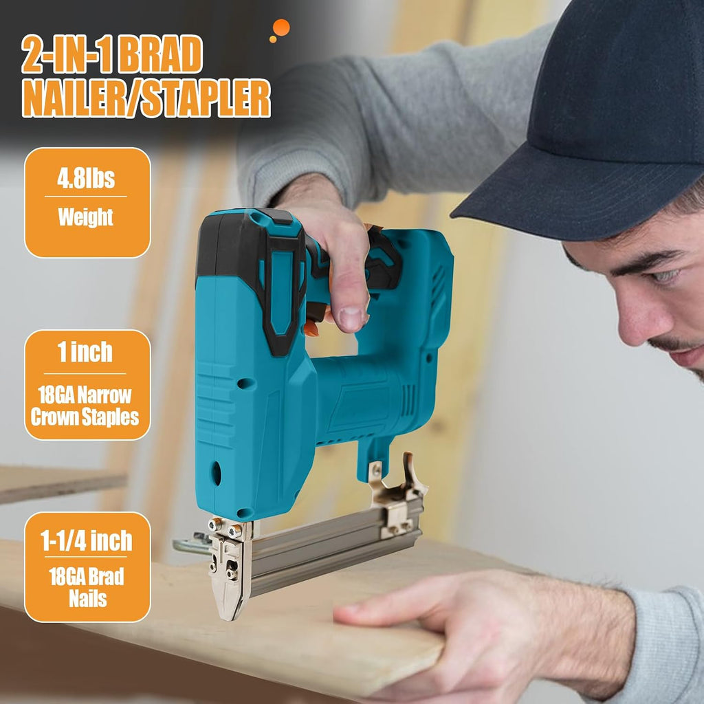 JOJOCY 18 Gauge Cordless Brad Nailer, 2-in-1 Battery Powered Stapler/Nail Gun, Drives 2' Nails for Upholstery & Woodworking (Tool Only) (for MAK-ITA 18V)