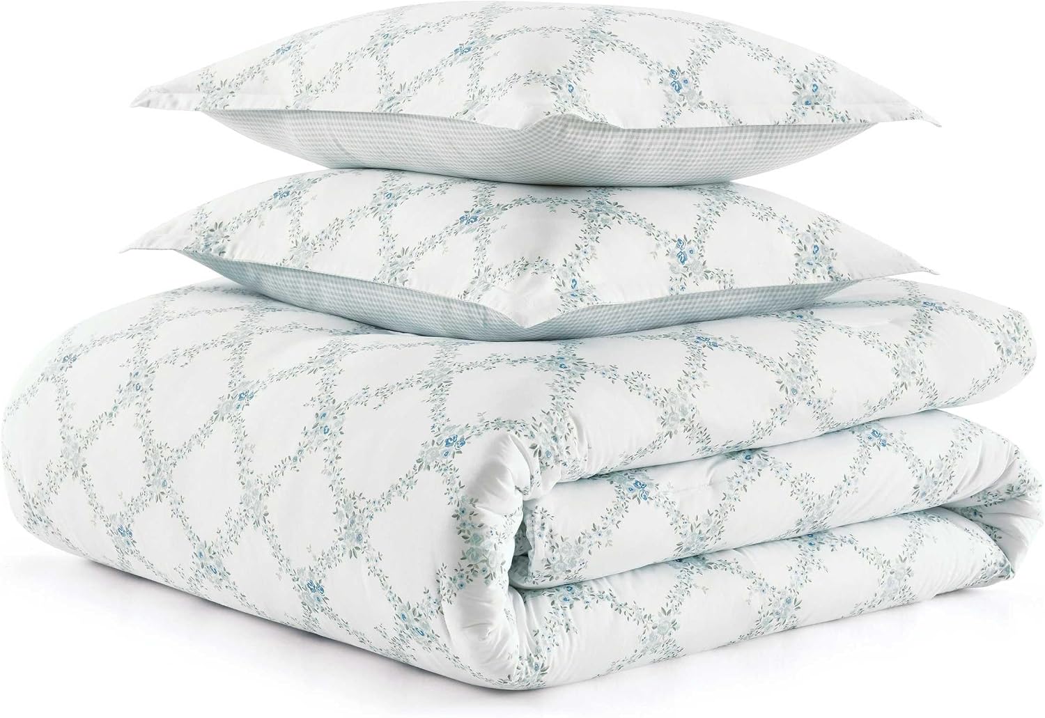 Martha Stewart - Twin/Twin XL Comforter Set, 100% Cotton Bedding with Shams, Soft and Breathable, Lightweight All-Season Comforter, Reversible Design, Romantic Trellis Blue