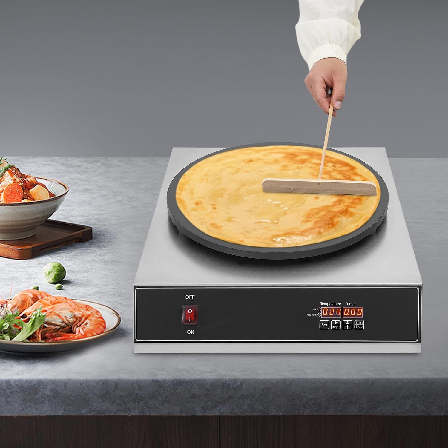 16'' Electric Crepe Maker, 1650W Commercial Stainless Steel Pancake Griddle, Non-Stick Crepe Machine with Adjustable Temperature & Timer