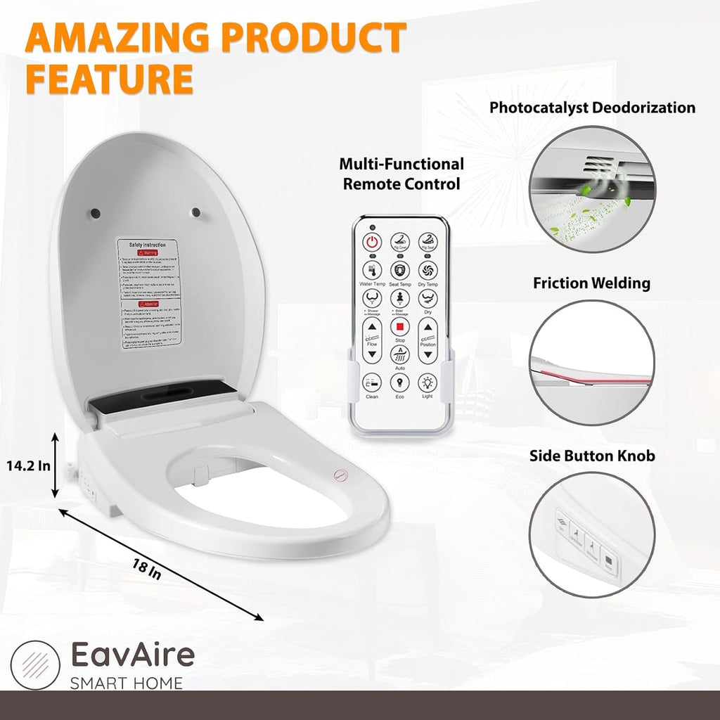 Electric Smart Toilet Seat Bidet with Slow Close Lid Cover, Instant Heated Seat, LCD, Adjustable Water Pressure & Temperature, Dual Positions, Self-Cleaning Nozzle, Night Light- Round