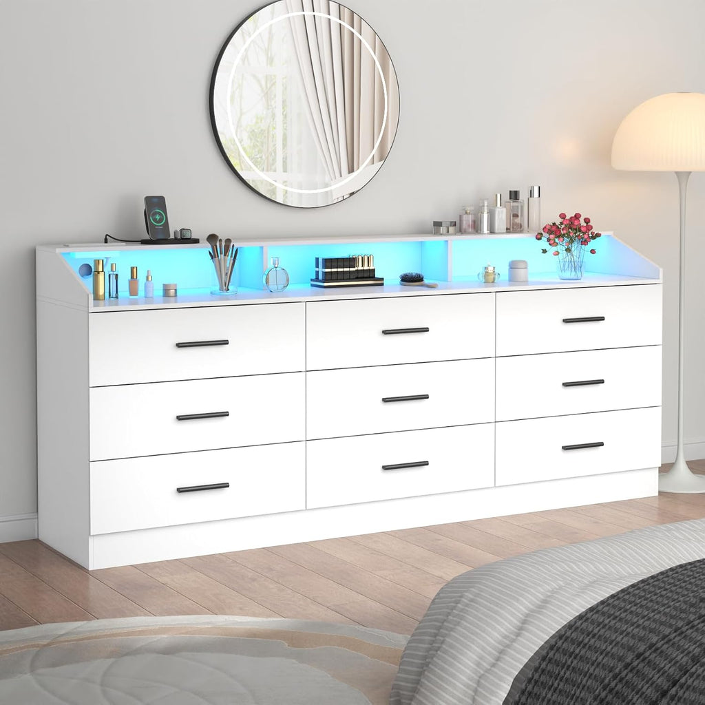 Gyfimoie 9 Drawers Dresser for Bedroom with Power Outlet, Chest of Drawers with LED Light, Modern Dressers with Open Storage Cubby, Triple Wide Dressers Organizer for Living Room (White)