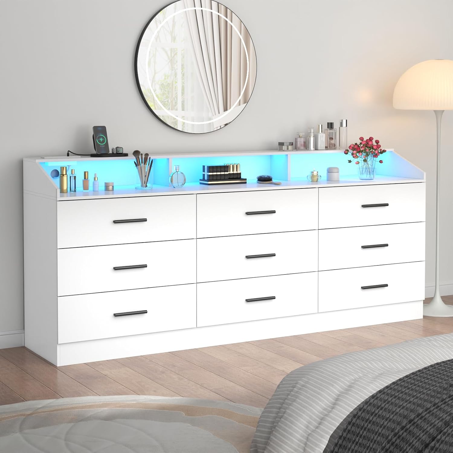 Gyfimoie 9 Drawers Dresser for Bedroom with Power Outlet, Chest of Drawers with LED Light, Modern Dressers with Open Storage Cubby, Triple Wide Dressers Organizer for Living Room (White)
