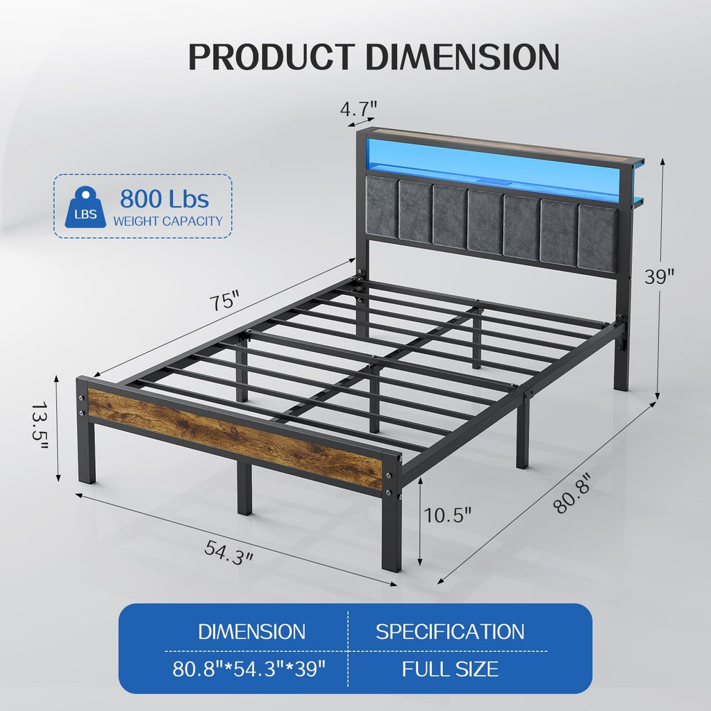 Liians Full Size Platform Bed Frame with LED Lights, Charging Station, Grey Upholstered Headboard with 2-Tier Storage Shelves, Noise Free, No Box Spring Needed