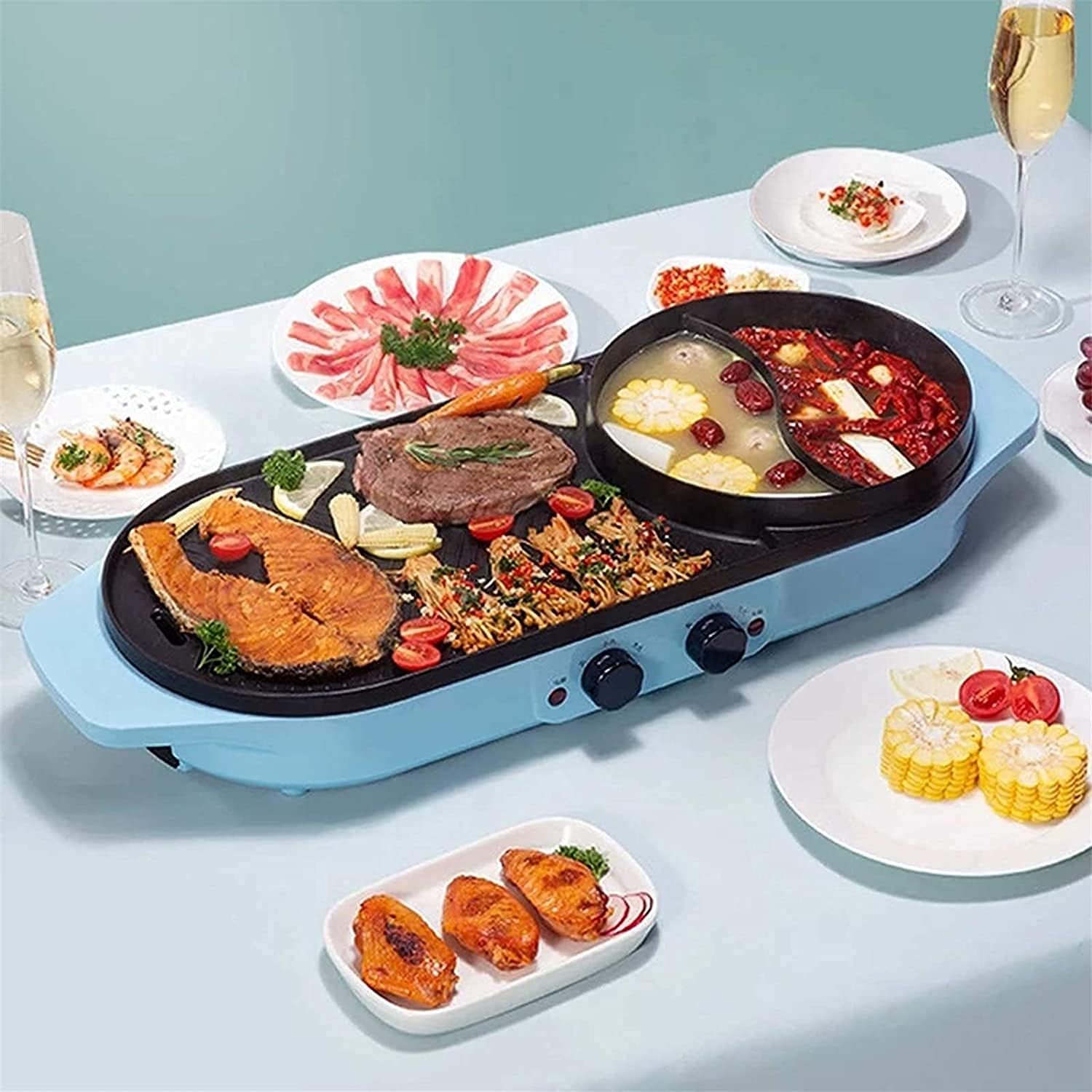 2 in 1 2000W Electric Hot Pot Oven Smokeless Barbecue Machine Home BBQ Grills Indoor Roast Meat Dish Plate Multi Cooker,Household Nonstick Electric Griddle