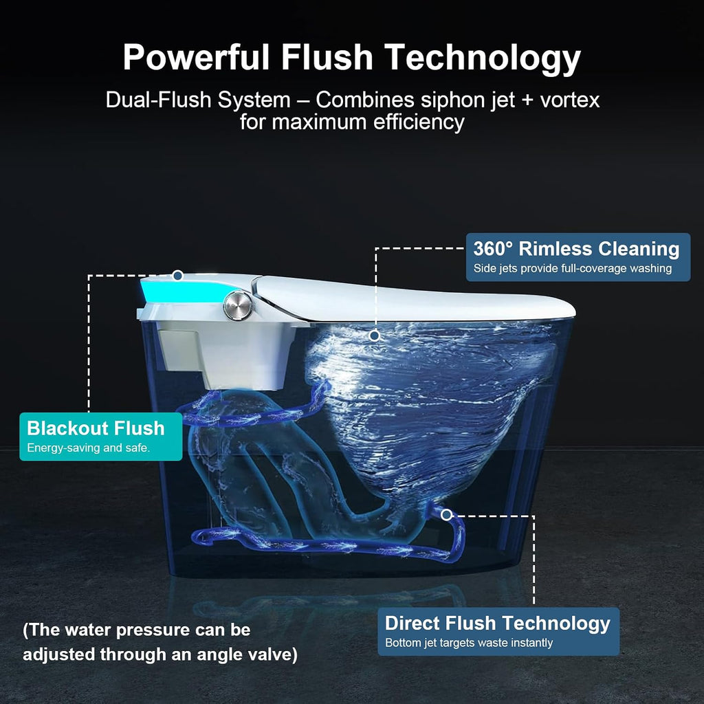 Smart Toilet with Bidet Built in, Auto Open Close & Auto Flush, Modern Elongated Tankless Toilet for Bathrooms with Heated Seat, Warm Water & Dryer, Foot Sensor and Night Light