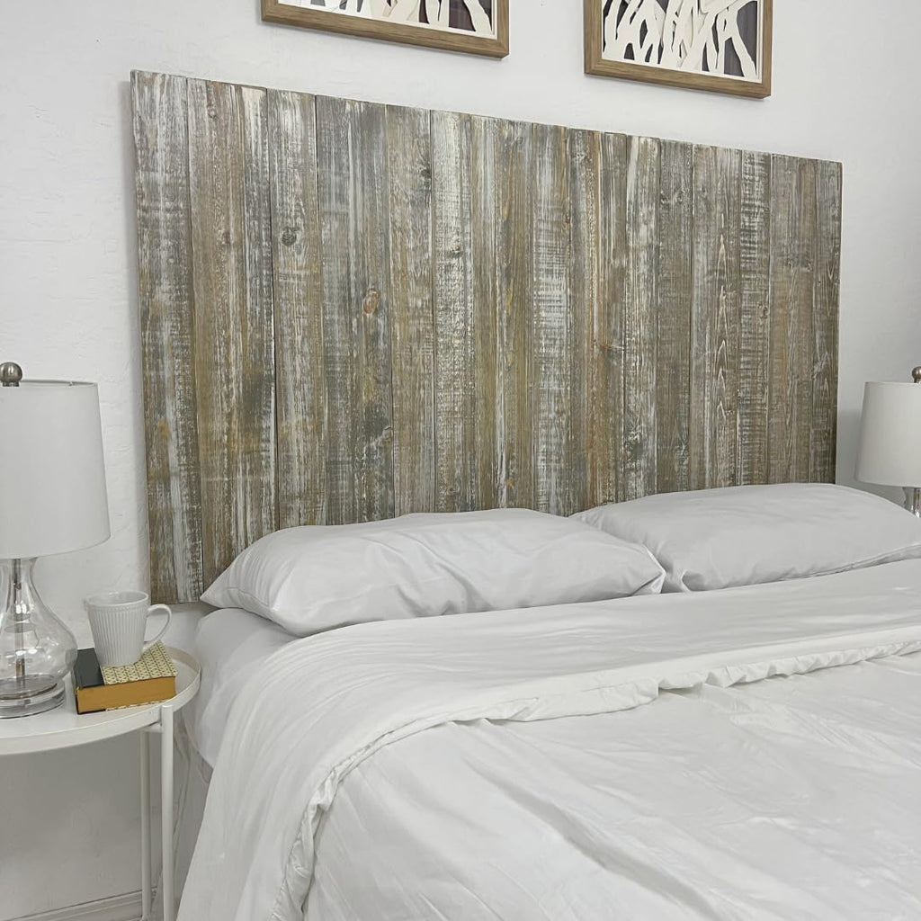 Barn Walls Solid Wood Headboard King Size Graywash Finish, Wall Mounted Headboard Panel with Natural Wood Grain, Adjustable Height, Farmhouse Rustic Coastal Style, Wooden King Headboard Only for Bed