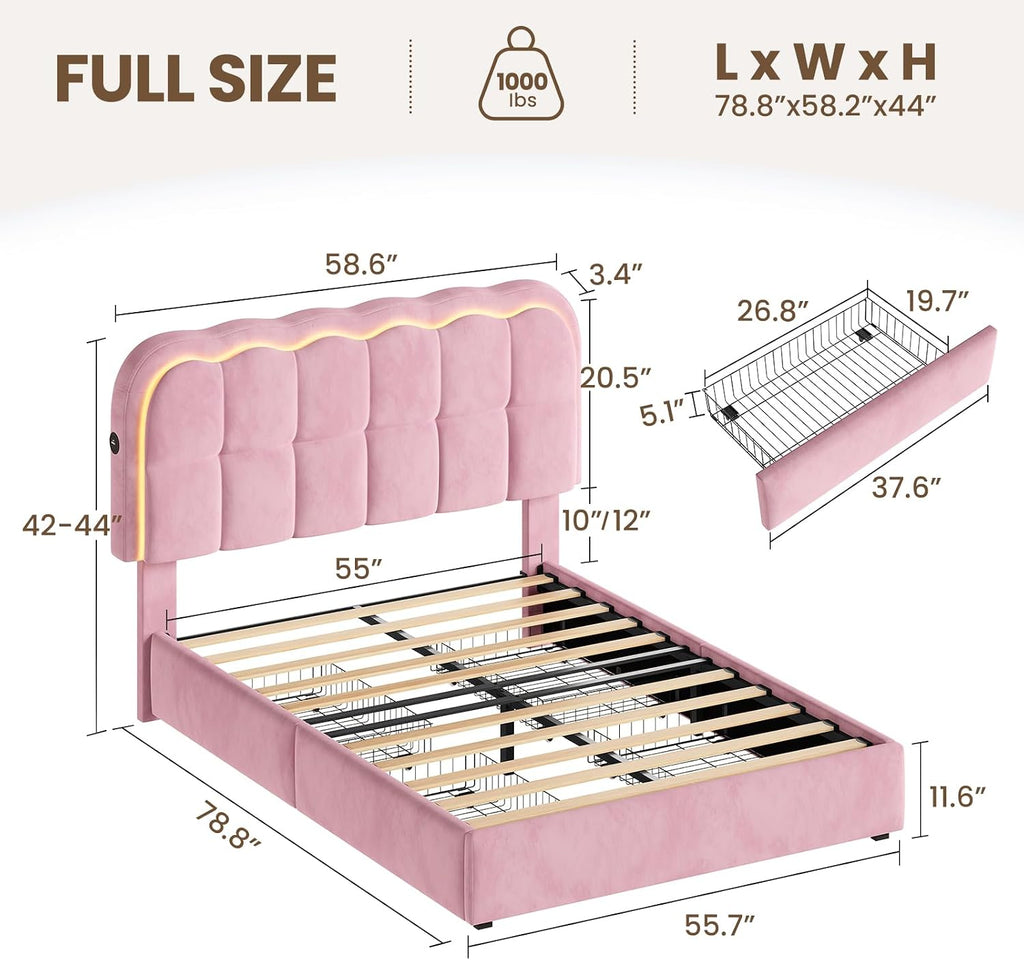 CypBed Full Size Bed Frame with 4 Storage Drawers & LED Lights, Velvet Upholstered Platform Bed Frame with Charing Station and Adjustable Headboard, Wood Slats Support, No Box Spring Needed, Pink