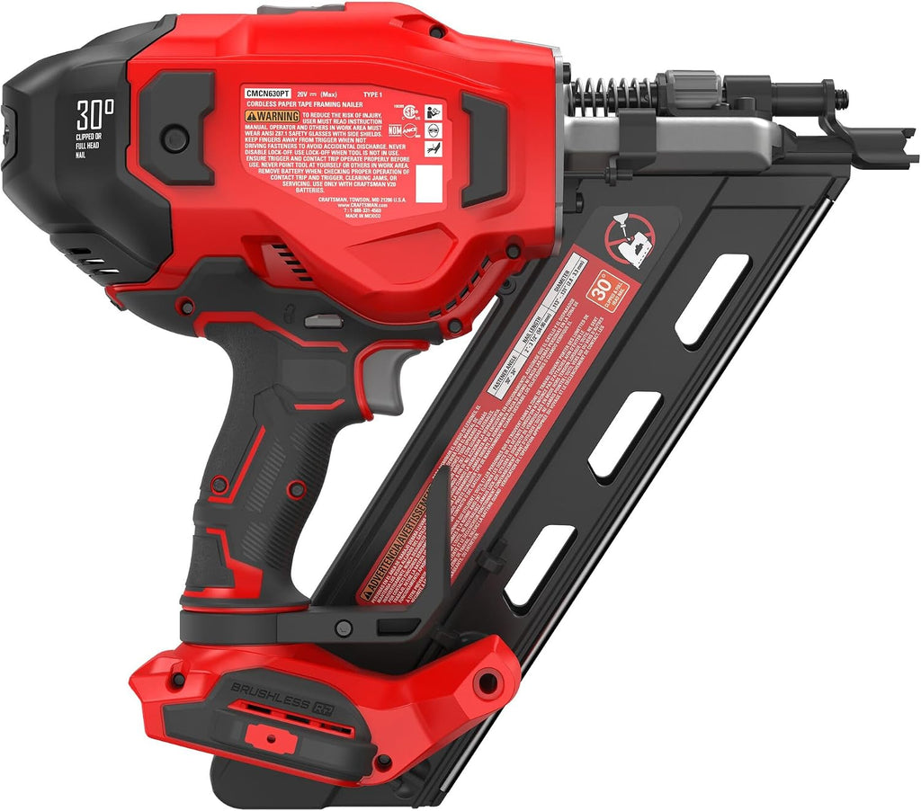 CRAFTSMAN V20 Brushless Cordless 30° Framing Nailer (Tool Only) (CMCN630PTB)