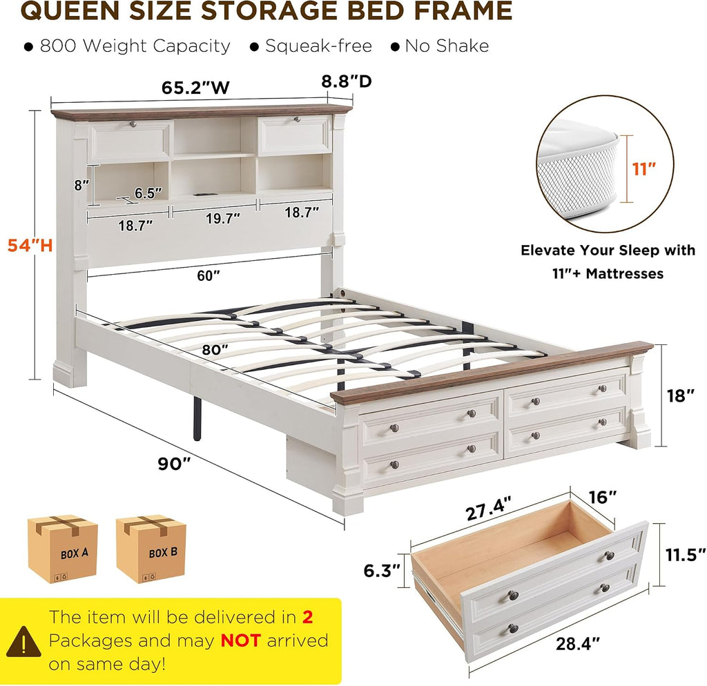 T4TREAM Farmhouse Queen Size Bed Frame with 54' Tall Headboard, Wood Platform Bed Frame with 18' Tall Roman Column Decoration Footboard & 2 Large Storage Drawers, No Box Spring Needed(Antique White)