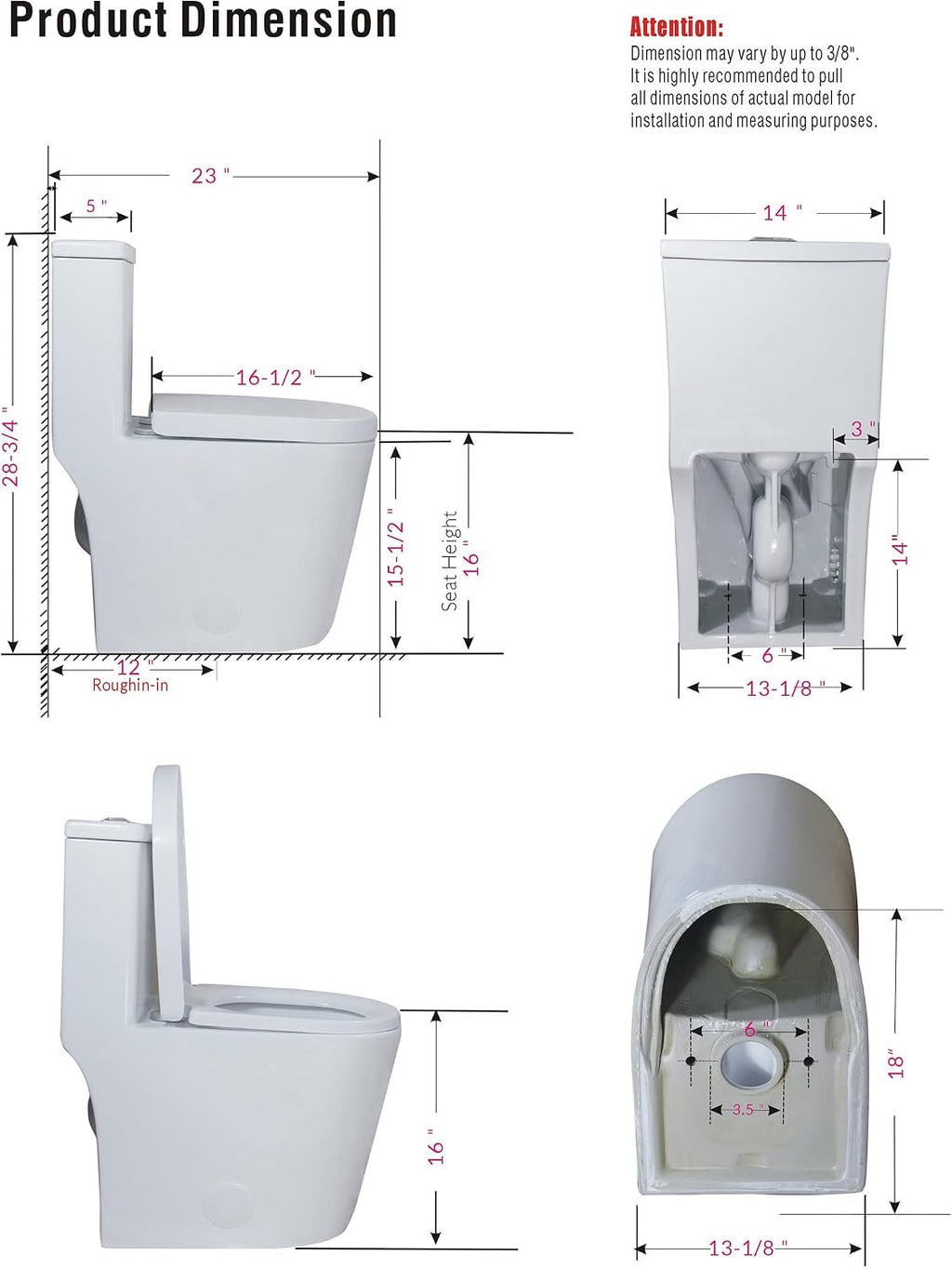 WinZo WZ5089WB Small Toilet One Piece Deisgn With Black Push Button Dual Flush,23 inch Length for Tiny Bathroom,White