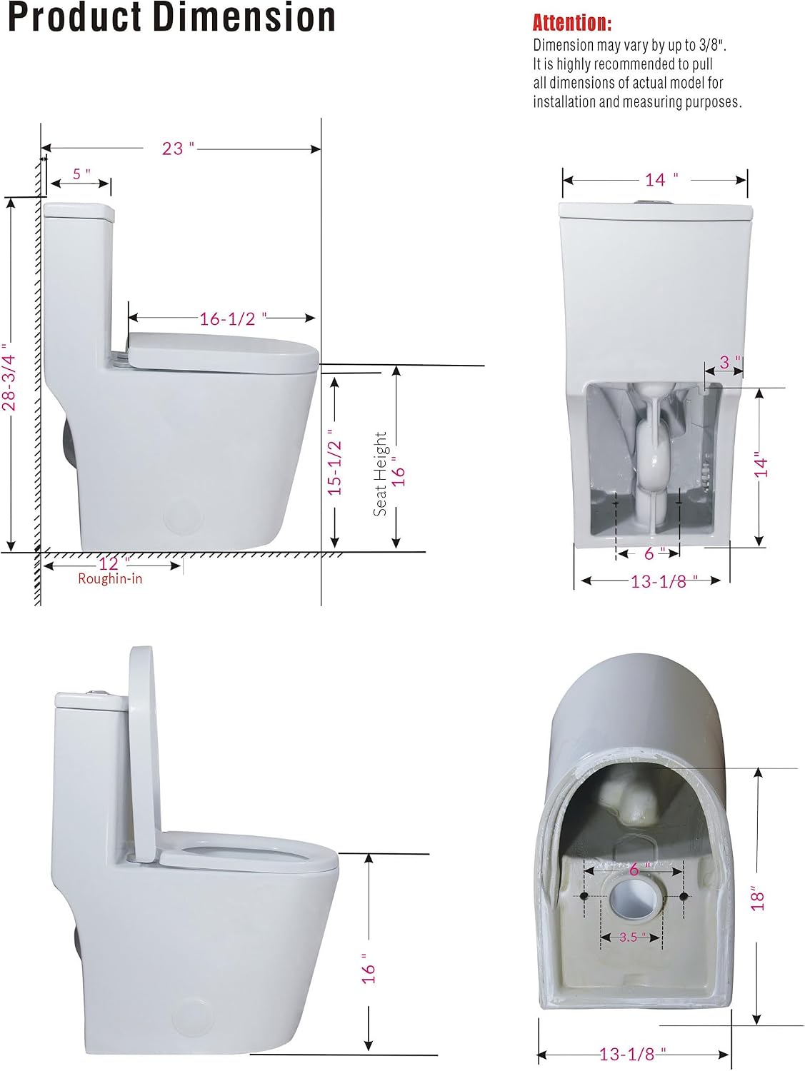 WinZo WZ5089WB Small Toilet One Piece Deisgn With Black Push Button Dual Flush,23 inch Length for Tiny Bathroom,White