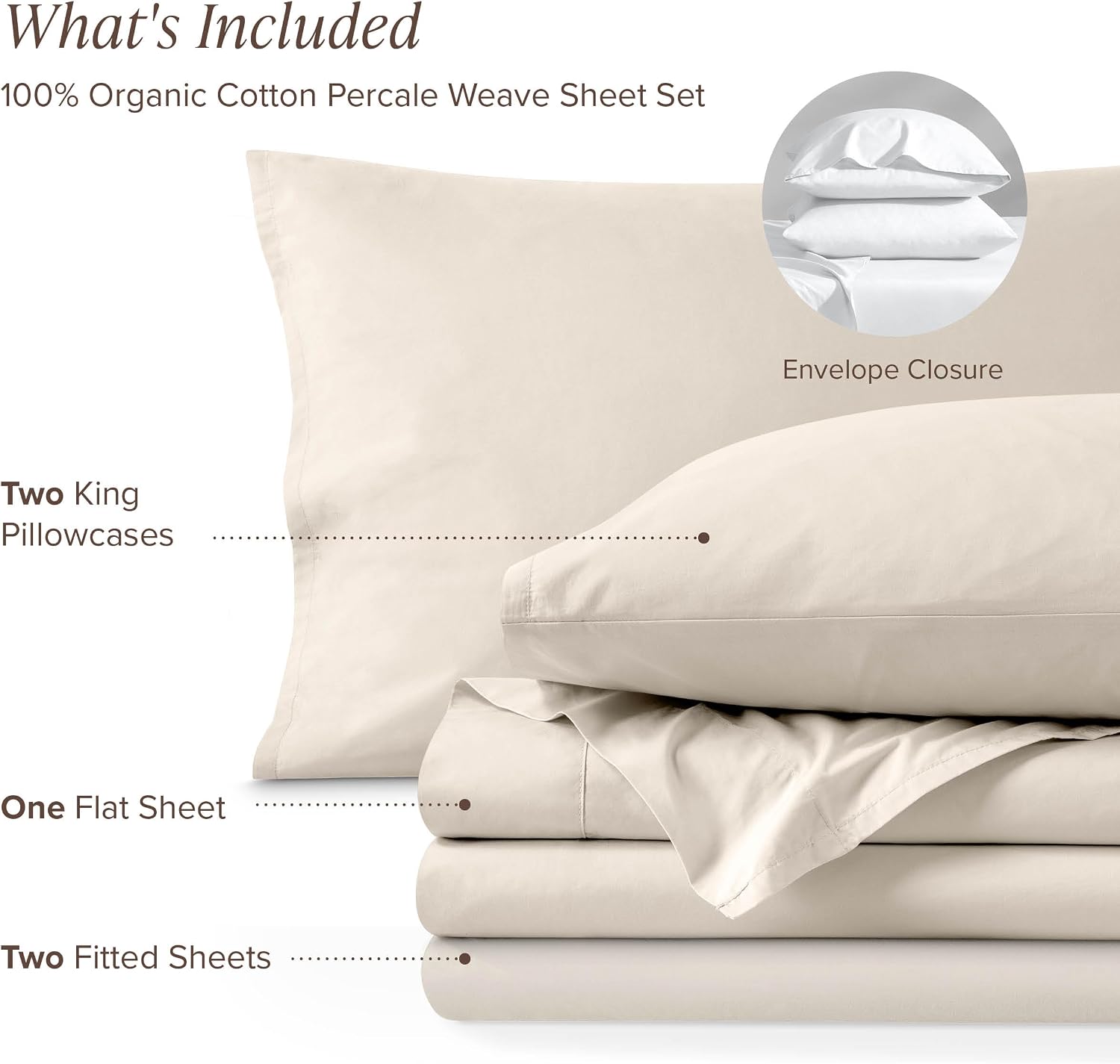 Bare Home 100% Organic Cotton Split King Sheet Set - Crisp Percale Weave - Lightweight & Breathable - Bedding Sheets & Pillowcases (Split King, French Beige)