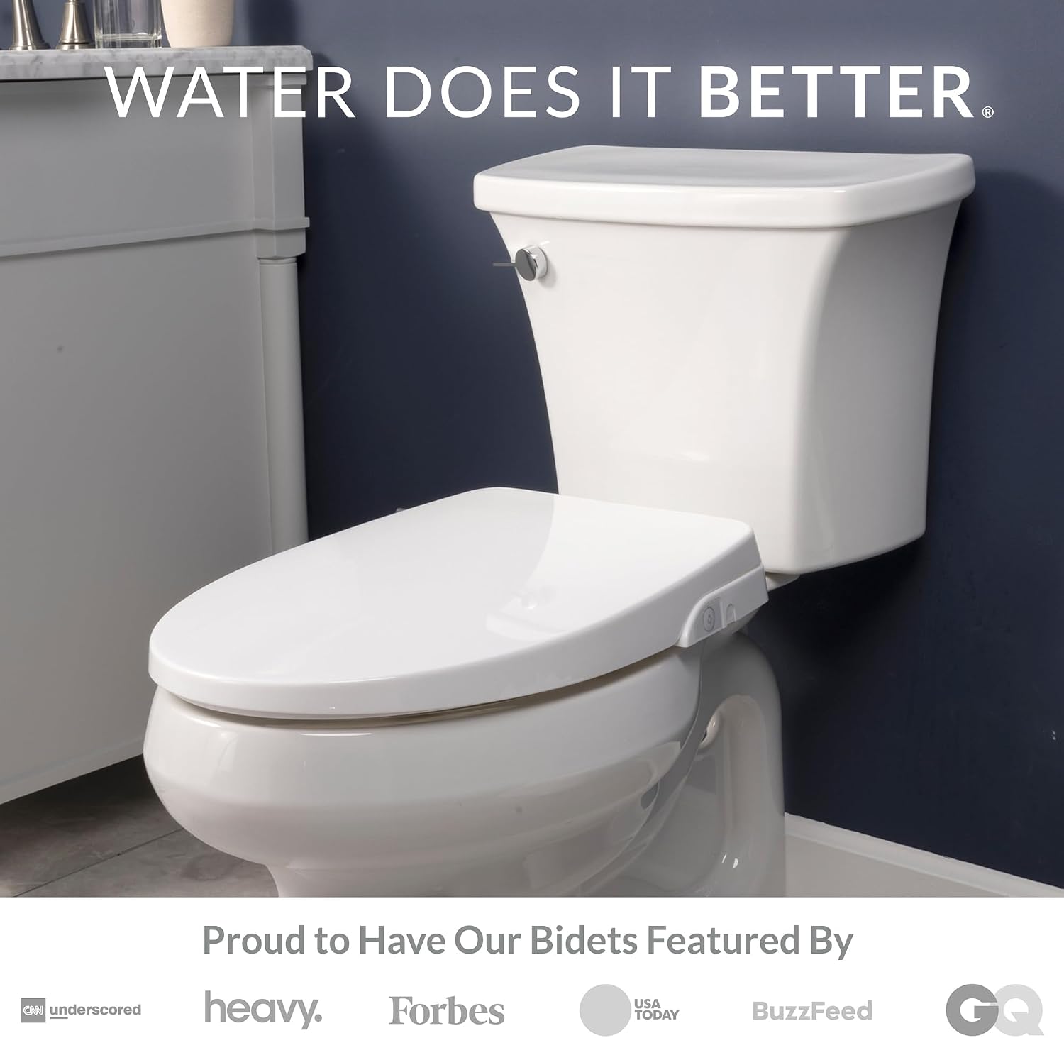 Bio Bidet Slim Zero Non Electric Bidet Toilet Seat Round, Low Profile Seat with Slow Close Lid, Battery Powered Night Light, Dual Nozzles, White