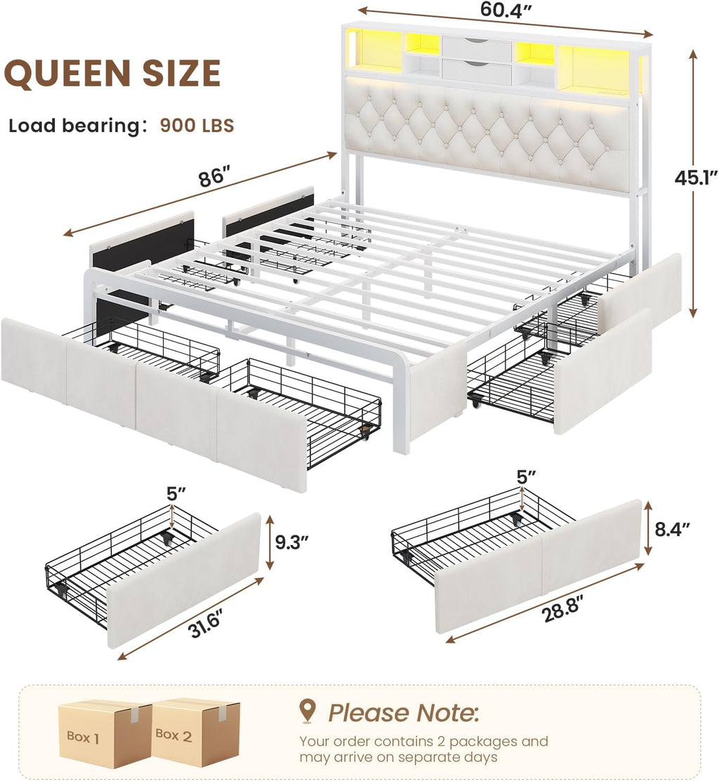 BTHFST Queen Size Bed Frame with 6 Storage Drawers and Headboard, Velvet Upholstered Queen Platform Bed with LED Lights & Charging Station, No Noise, No Box Spring Needed, Easy Assembly, Beige