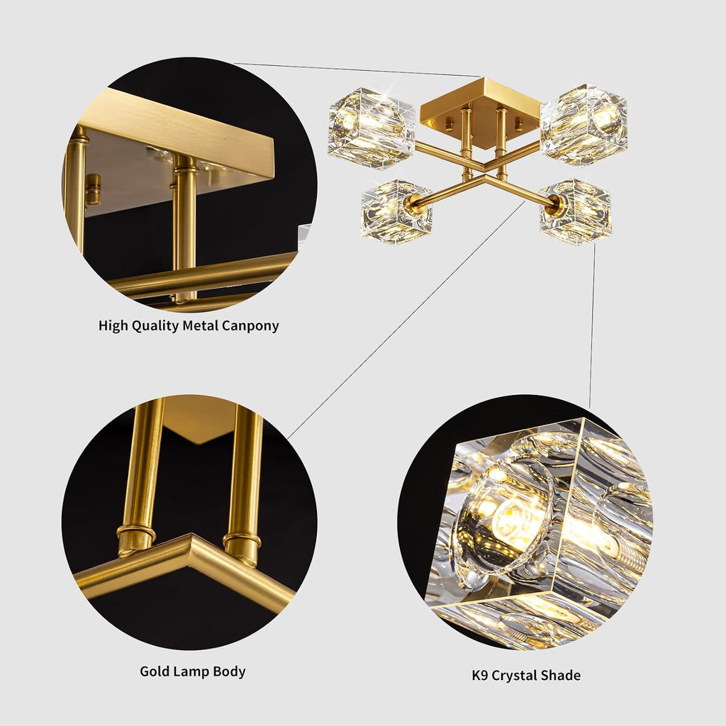 Gold Modern Sputnik Chandelier Ceiling Light Fixtures,4-Lights Industrial Crystal Semi Flush Mount Ceiling Light for Bedroom Dining Room Hallway Kitchen Bedroom Entryway