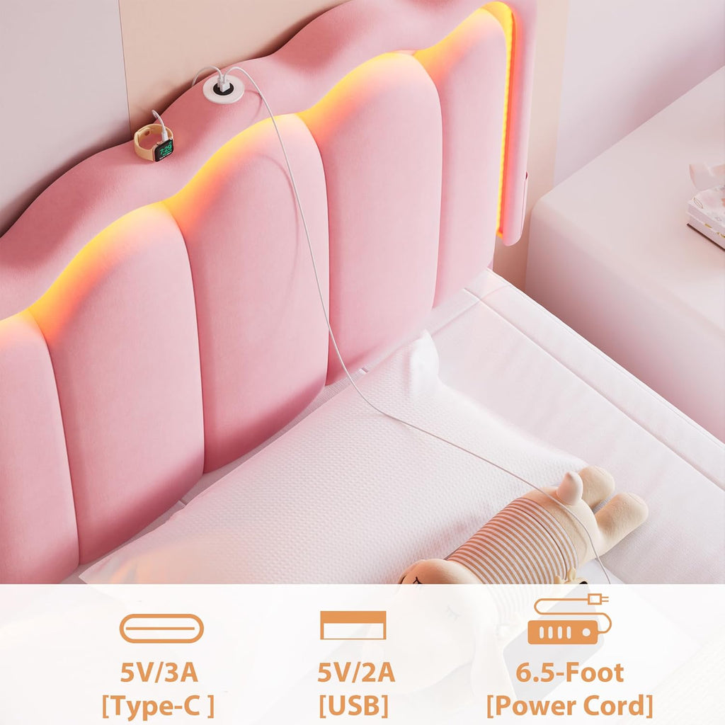 Twin Upholstered LED Bed Frame with Storage Drawer and Adjustable Chic Double Wavy Headboard, Velvet Princess Platform Bed for Girls/Kids, Solid Wood Slats Support, No Box Spring Needed, Pink