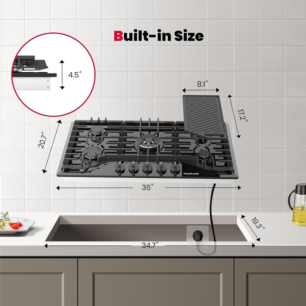 GASLAND Gas Cooktop 36 Inch with Griddle, 5 Burner Propane Stovetop with Reversible Cast Iron Grill/Griddle, Gas Countertop Plug-in, NG/LPG Convertible Cooktops, Black