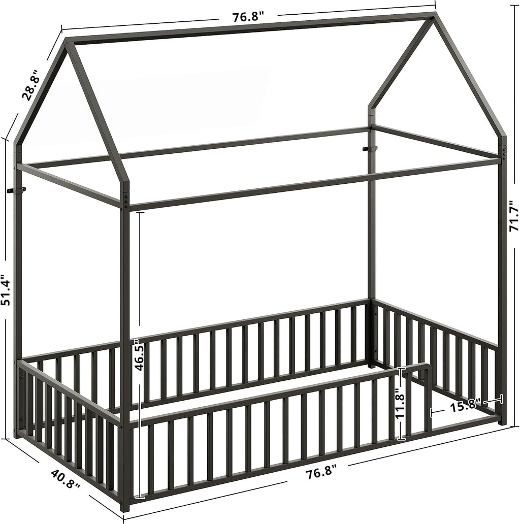 LIKIMIO Twin Floor Bed Frame with Roof & Fence Guardrails Metal House Bed for Bedroom, Easy Assemble, No Box Spring Needed, Black