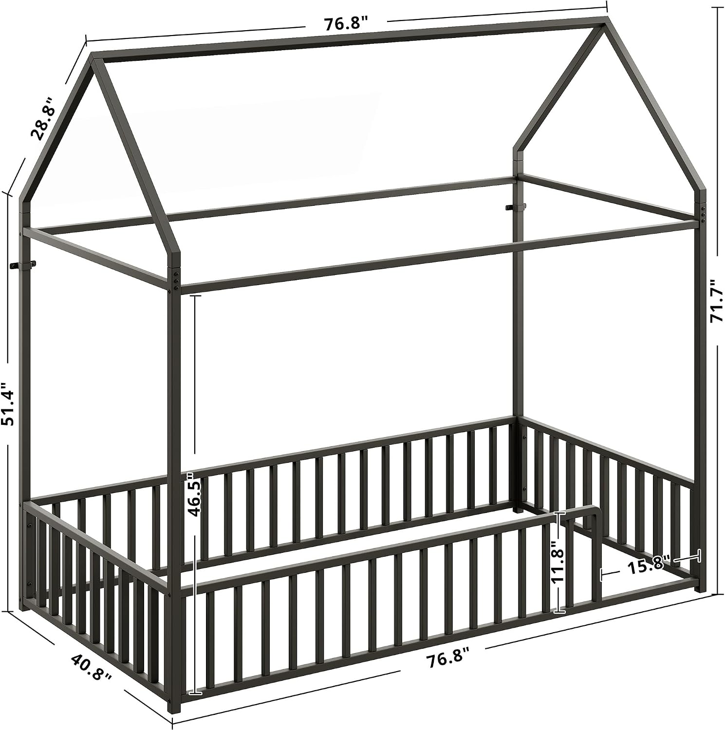 LIKIMIO Twin Floor Bed Frame with Roof & Fence Guardrails Metal House Bed for Bedroom, Easy Assemble, No Box Spring Needed, Black