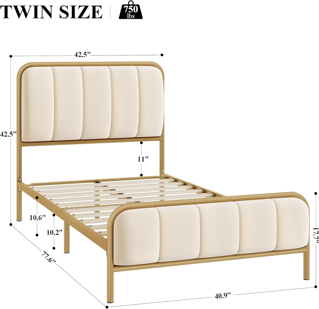 HITHOS Twin Size Bed Frame with Button Tufted Headboard, Upholstered Heavy Duty Metal Mattress Foundation with Wooden Slats, Easy Assembly, No Box Spring Needed (Golden/Off White, Twin)