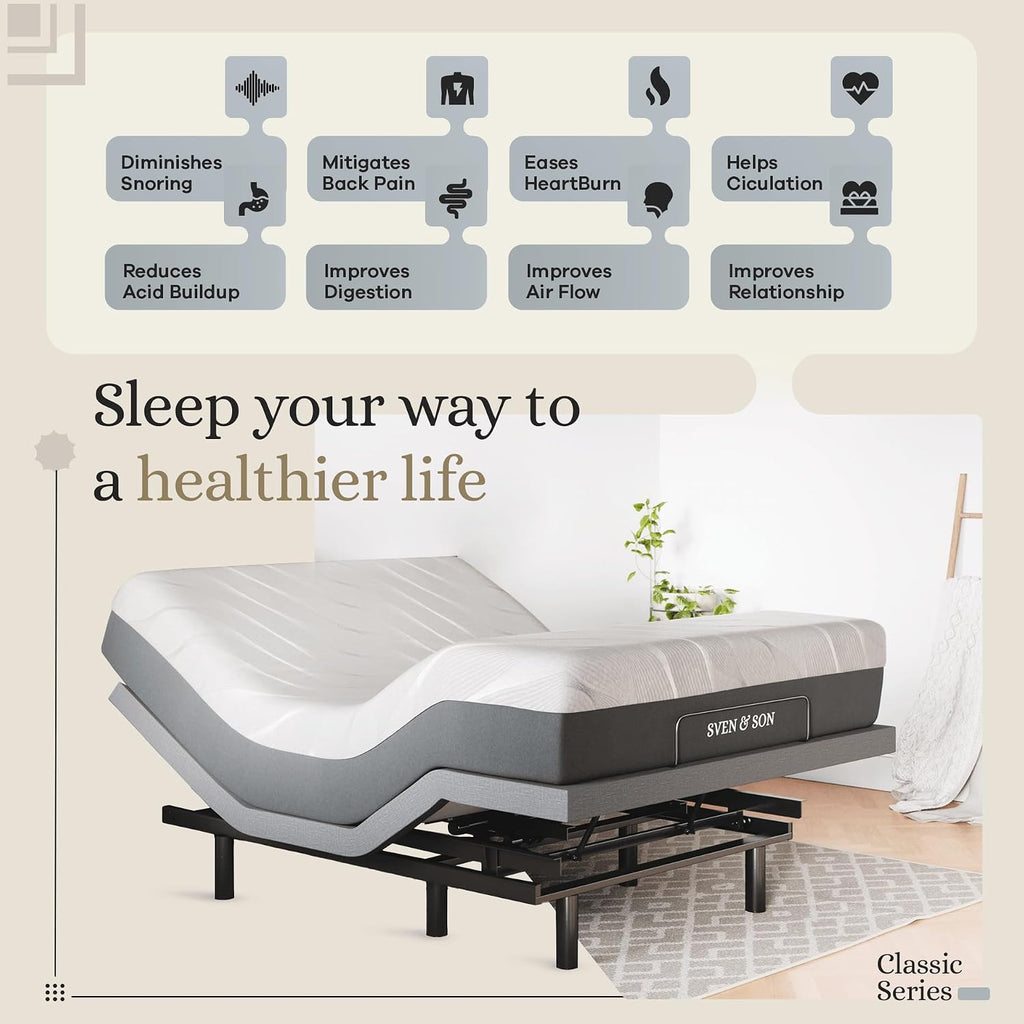 Sven & Son Classic Adjustable Bed Base, Head and Foot Lift, Massage, Under-Bed Lights, USB, Gel Memory, Zero Gravity Smart Frame - Queen + 12 inch Memory Foam Matt (Medium)