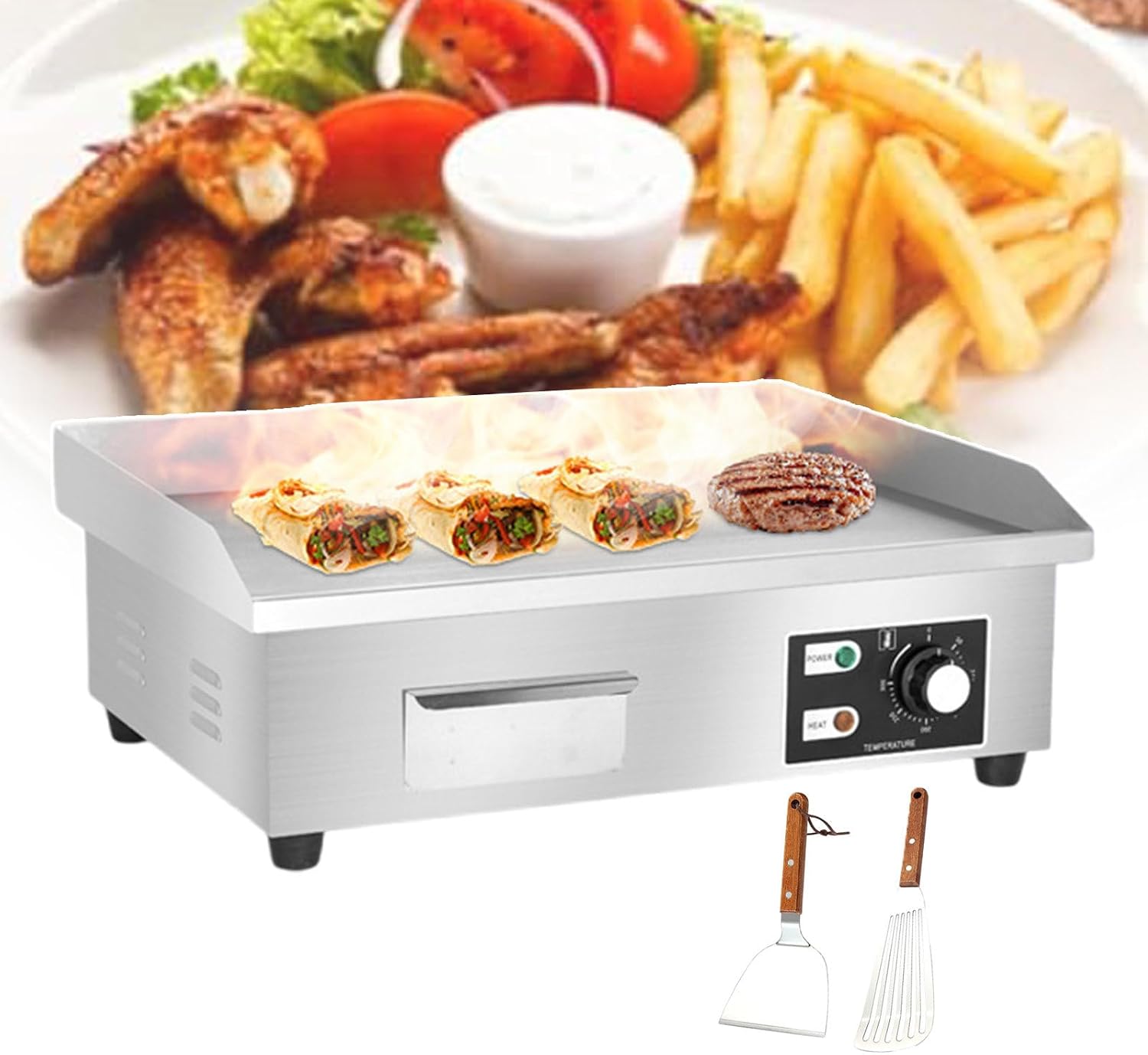 Commercial Electric Griddle, Countertop Flat Top BBQ Grill, Stainless Steel Steak Nonstick Barbecue Hot Plate for Grilling Bacon, Steak, Pancakes, 1500W/2500W/3，1500W