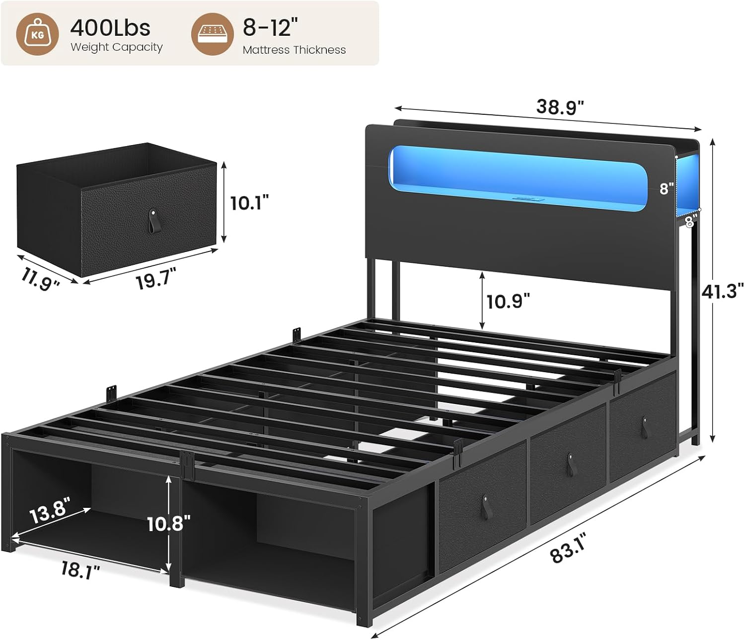 ADORNEVE Twin Bed Frame with 6 Storage Drawers & 2-Tier LED Headboard – Kids Boy Bed with Power Outlets & RGB Lights, 2 Footboard Cubbies– Space-Saving No Box Spring Needed, Black